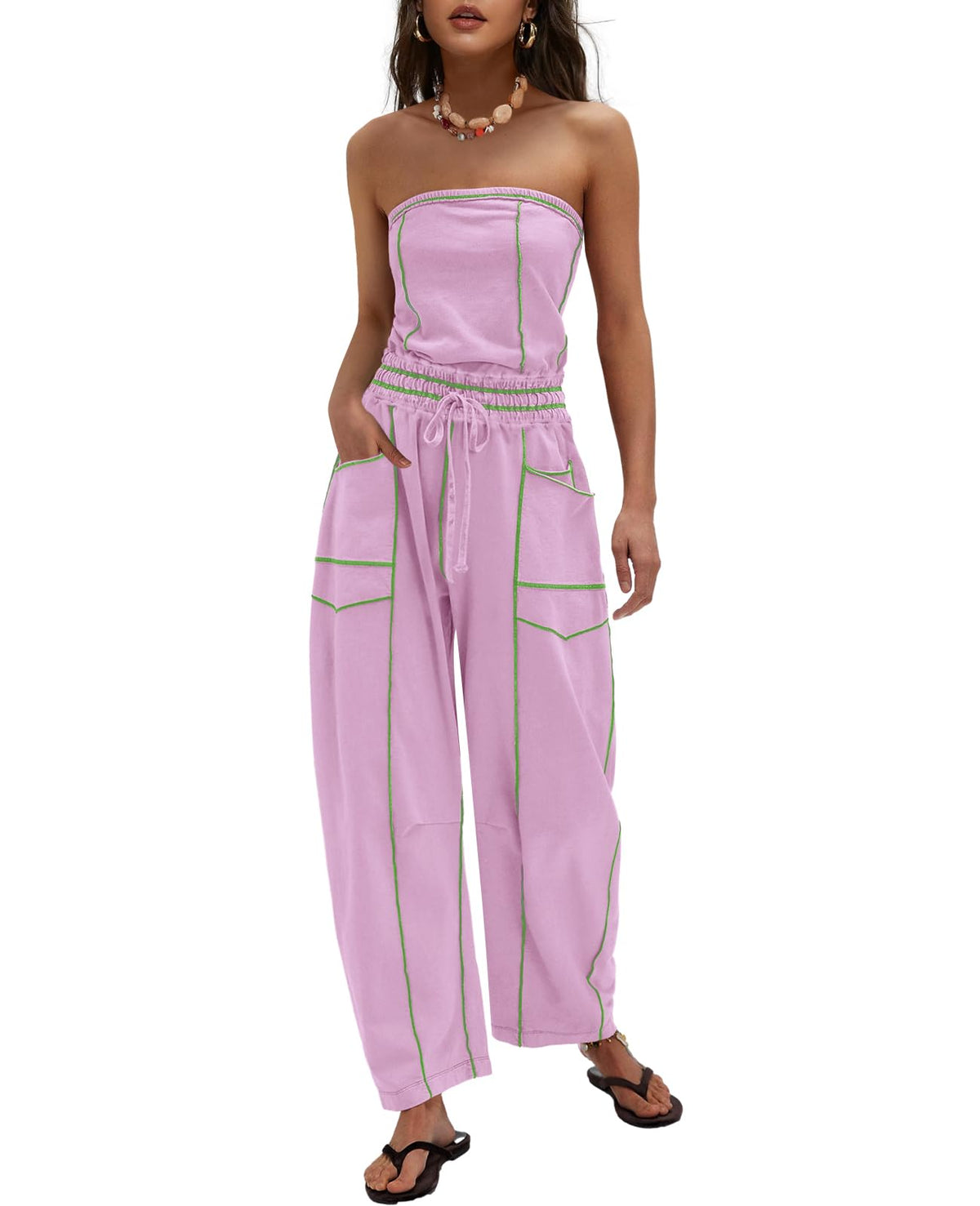 LAMISSCHE Womens Casual Strapless Jumpsuits off the Shoulder Summer Rompers Sleeveless One Piece Outfits with Pockets