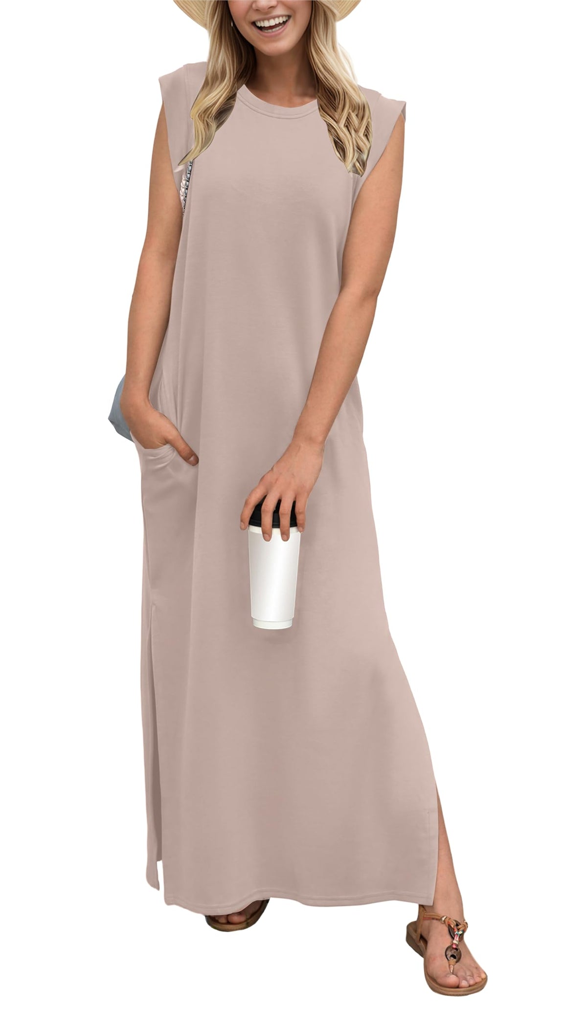 GRECERELLE 2026 Women Year-Round Casual Round Neck Loose Split Wrinkle-Free Long Maxi Vacation Dress with Pockets (XXS-4XL)