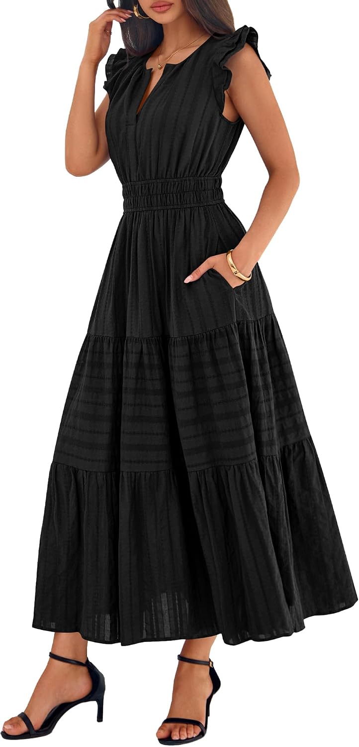 BTFBM Womens Summer Casual Ruffle Sleeve Maxi Dress