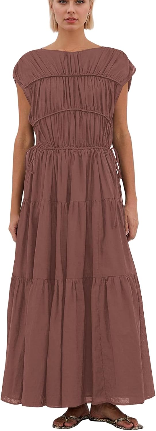 calbatic Women Pleated Ruched Tiered Maxi Dress Sleeveless Patchwork Ruffle Hem A Line Flowy Summer Elegant Long Dress