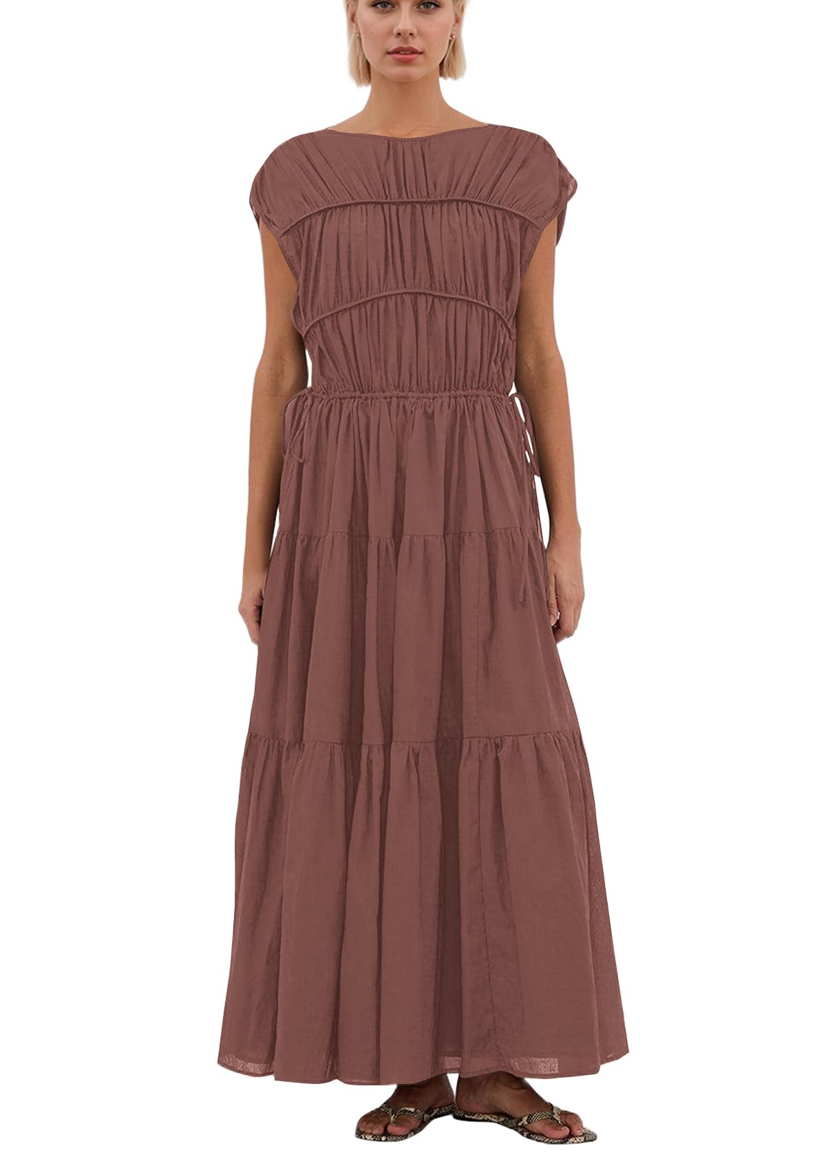 calbatic Women Pleated Ruched Tiered Maxi Dress Sleeveless Patchwork Ruffle Hem A Line Flowy Summer Elegant Long Dress