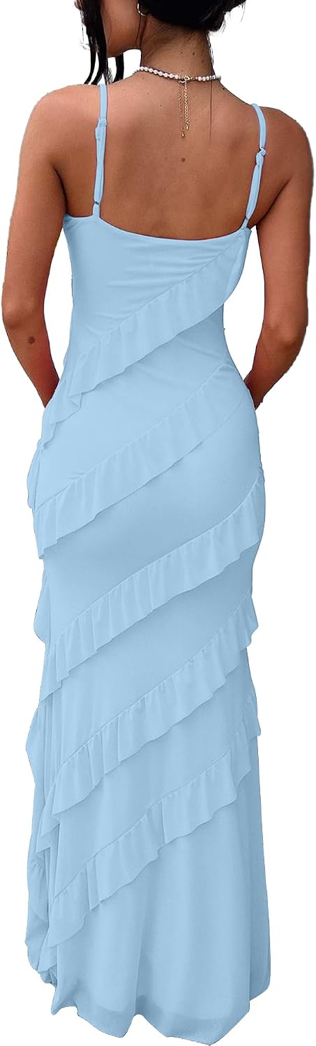 HOCILLE Women's Sexy V Neck Mesh Bodycon Wedding Guest Cocktail Maxi Dress