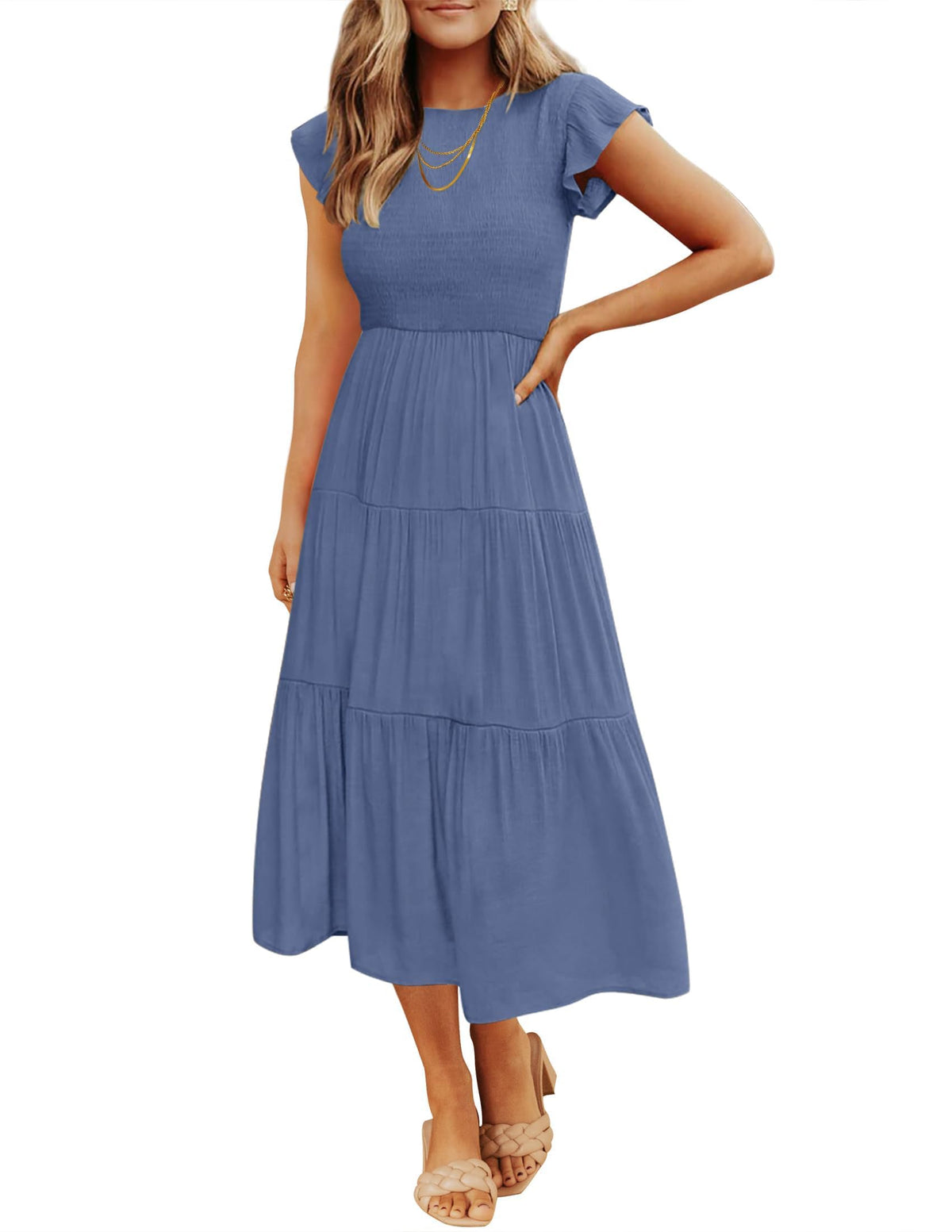 ZESICA Women's 2026 Summer Casual Flutter Short Sleeve Smocked Midi Dress