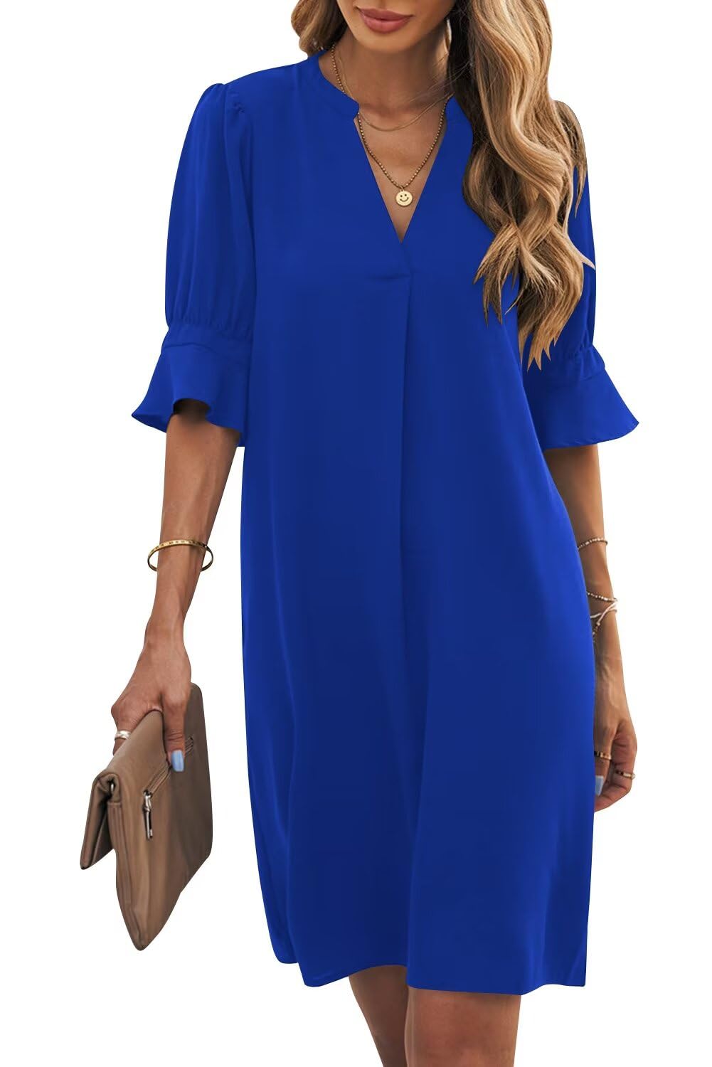 Wkior Womens Summer Ruffle Short Sleeve V Neck Shift Dress