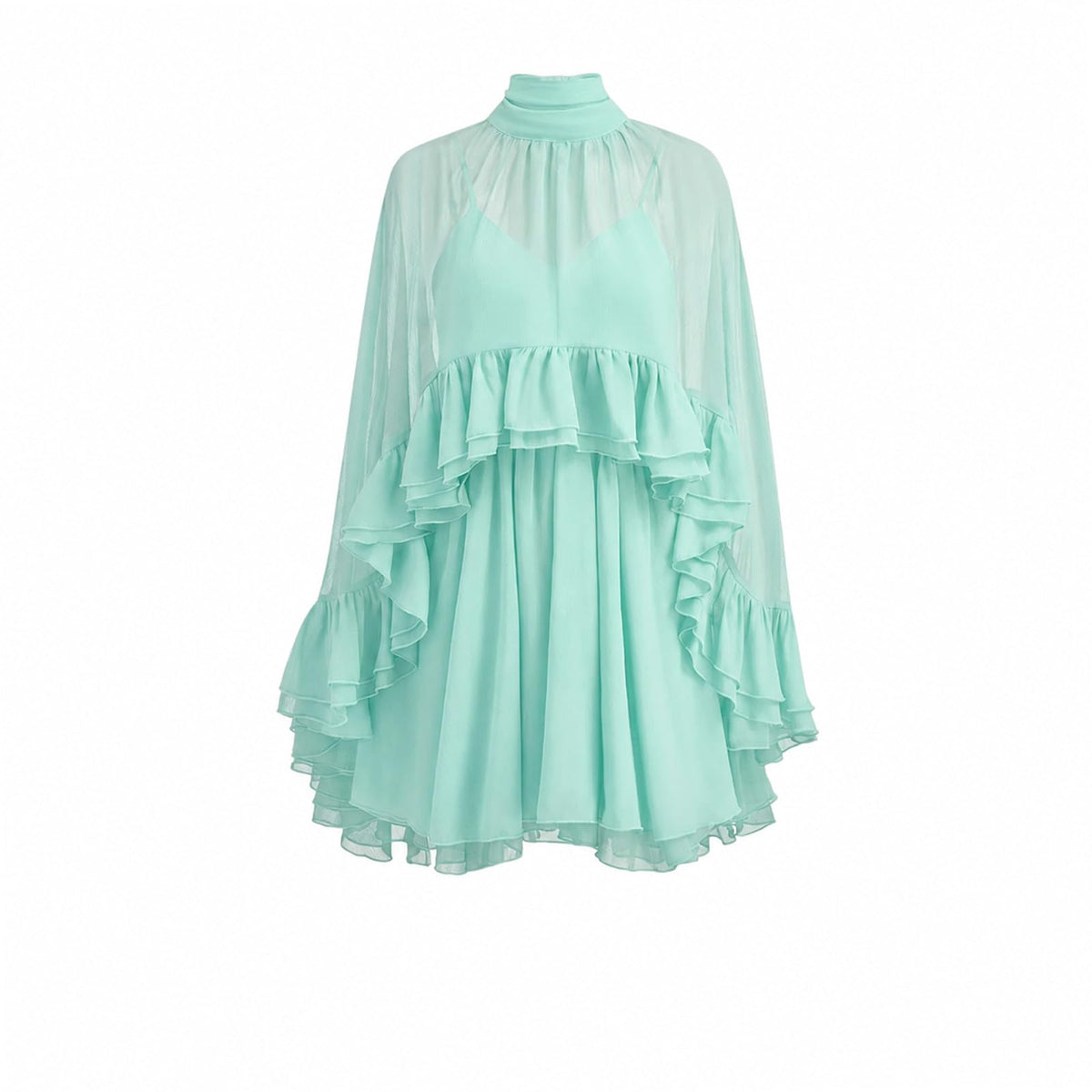 Women’s Semi Sheer Chiffon Ruffle Dress with Outer Cape, Poncho Sleeve Flowy Mini Dress, Loose Fit Elegant Summer Dress