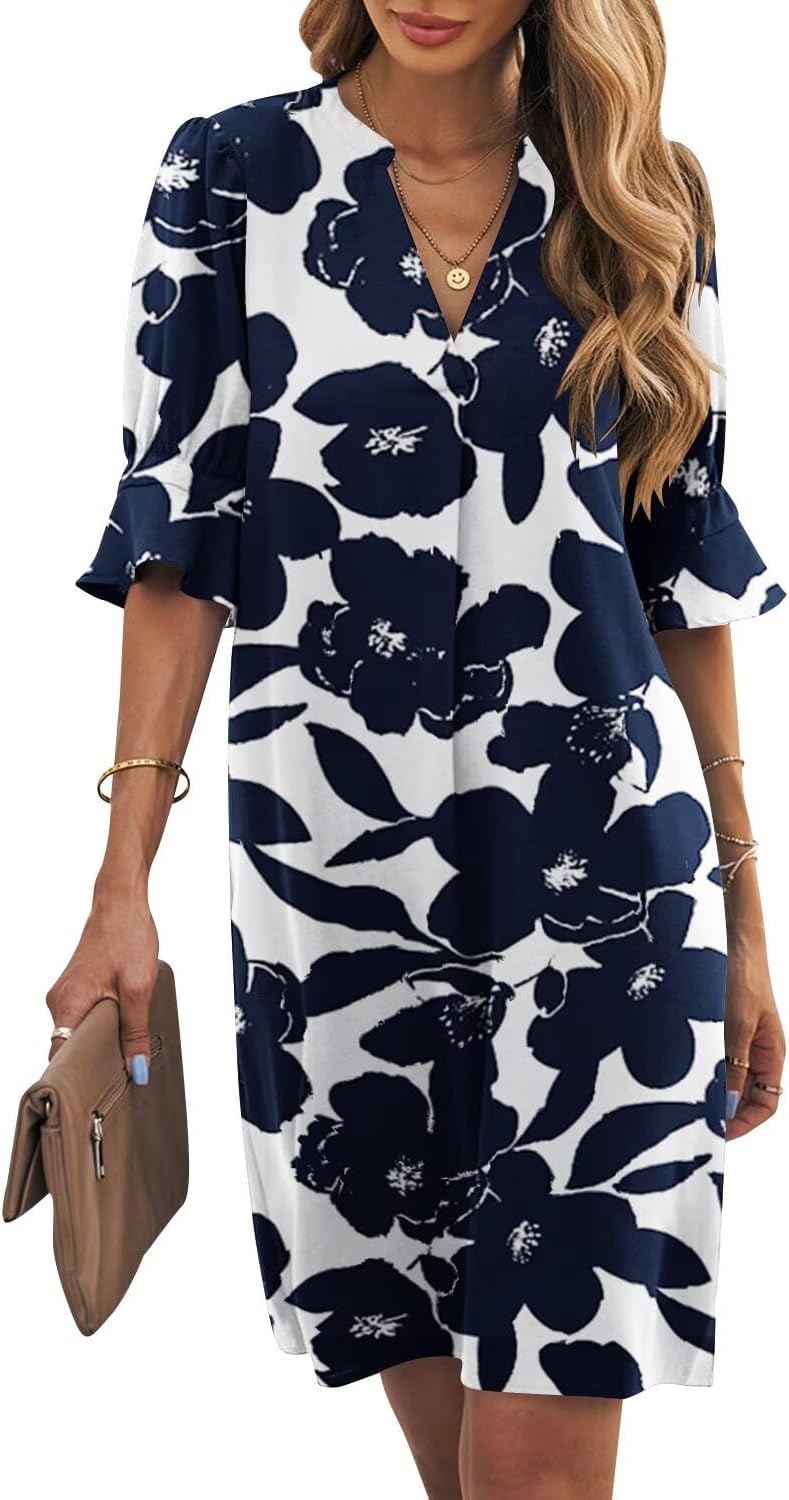 Wkior Womens Summer Ruffle Short Sleeve V Neck Shift Dress