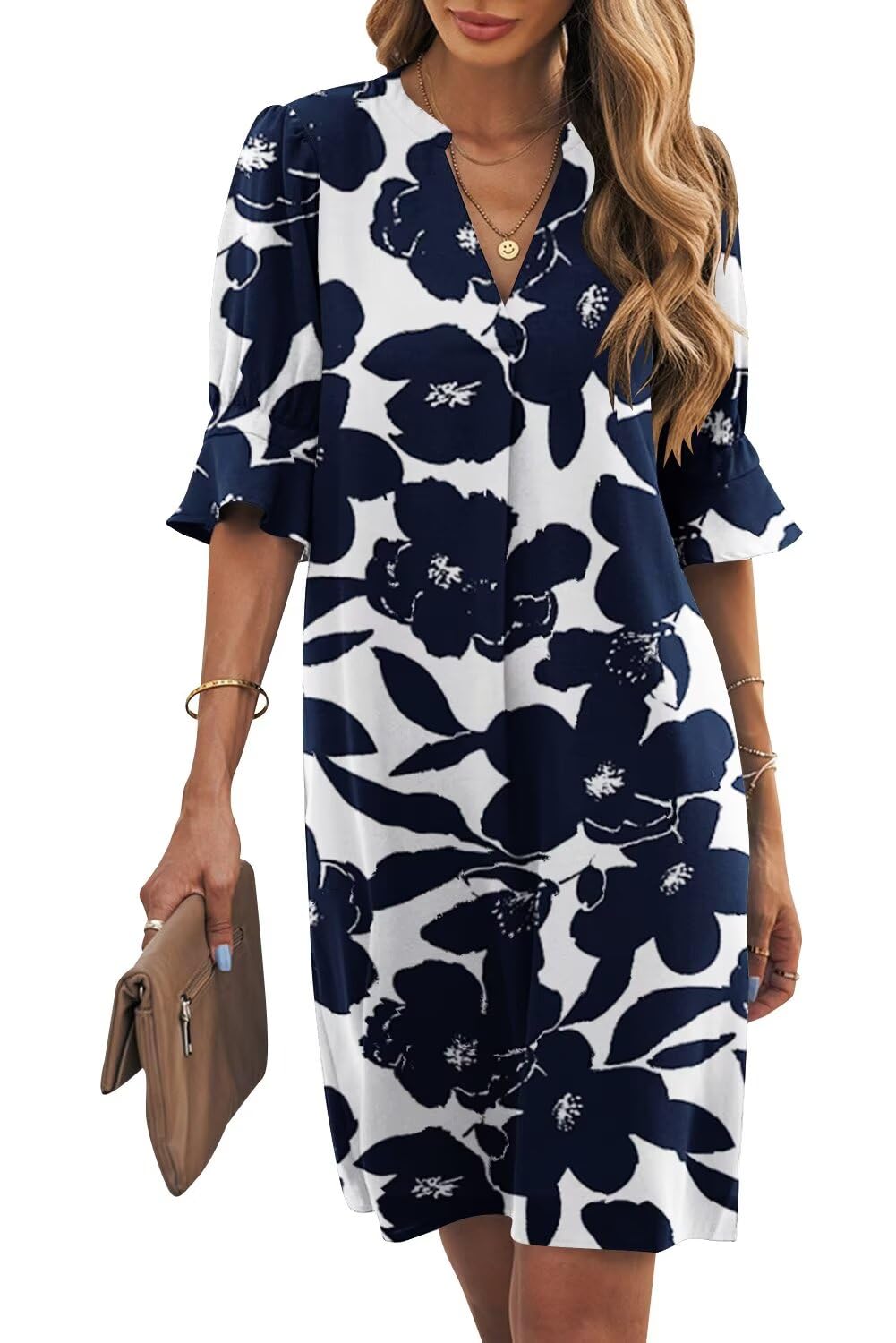 Wkior Womens Summer Ruffle Short Sleeve V Neck Shift Dress