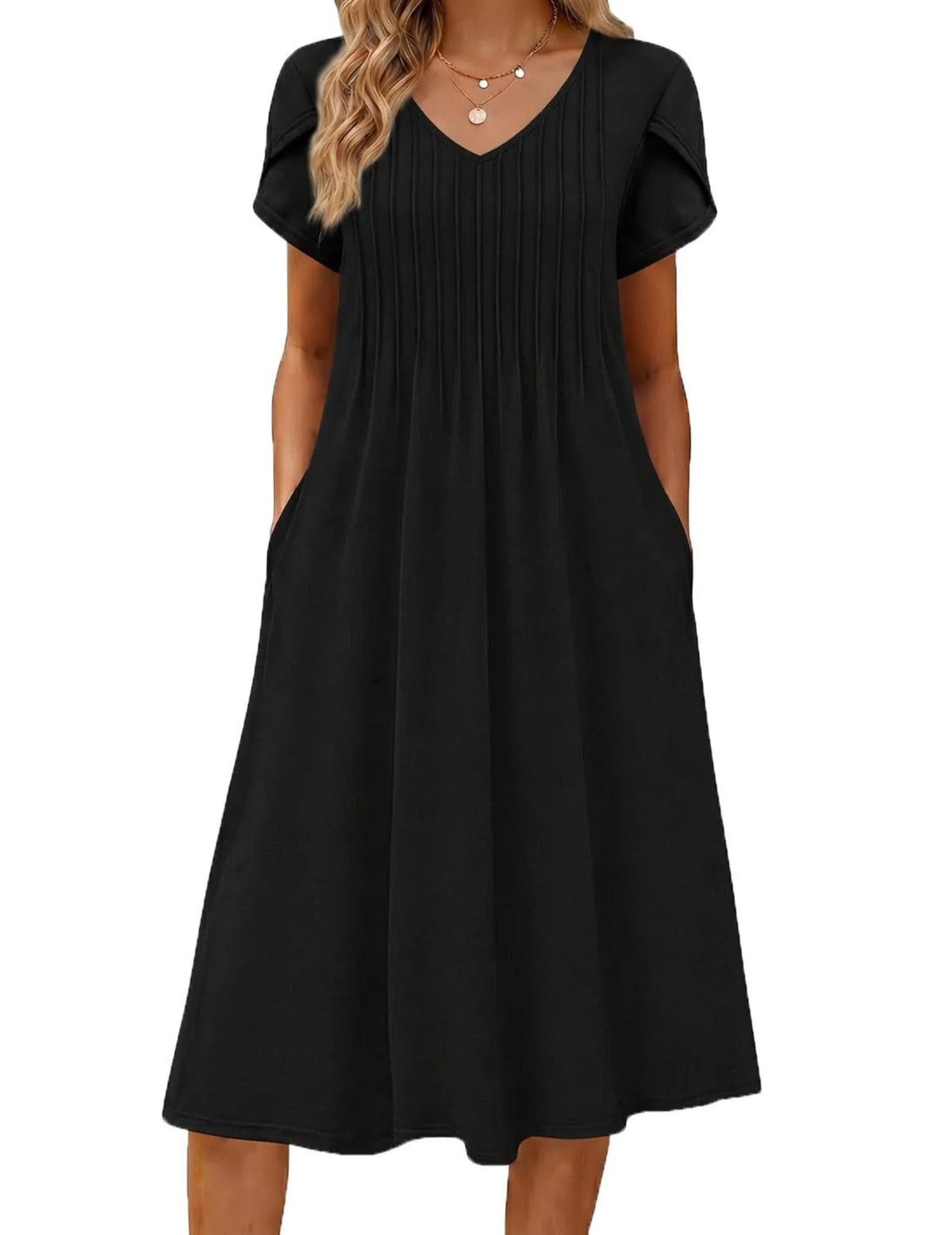 Zeagoo Womens Casual Summer Dress 2026 Short Sleeve Dresses Pleats Midi A Line Flowy Dress Boho Beach Sundress with Pockets