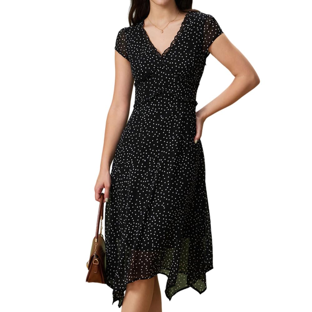 RIHOAS Women's Polka Dot Midi Dress Wrap V-Neck Short Sleeve Summer Dress