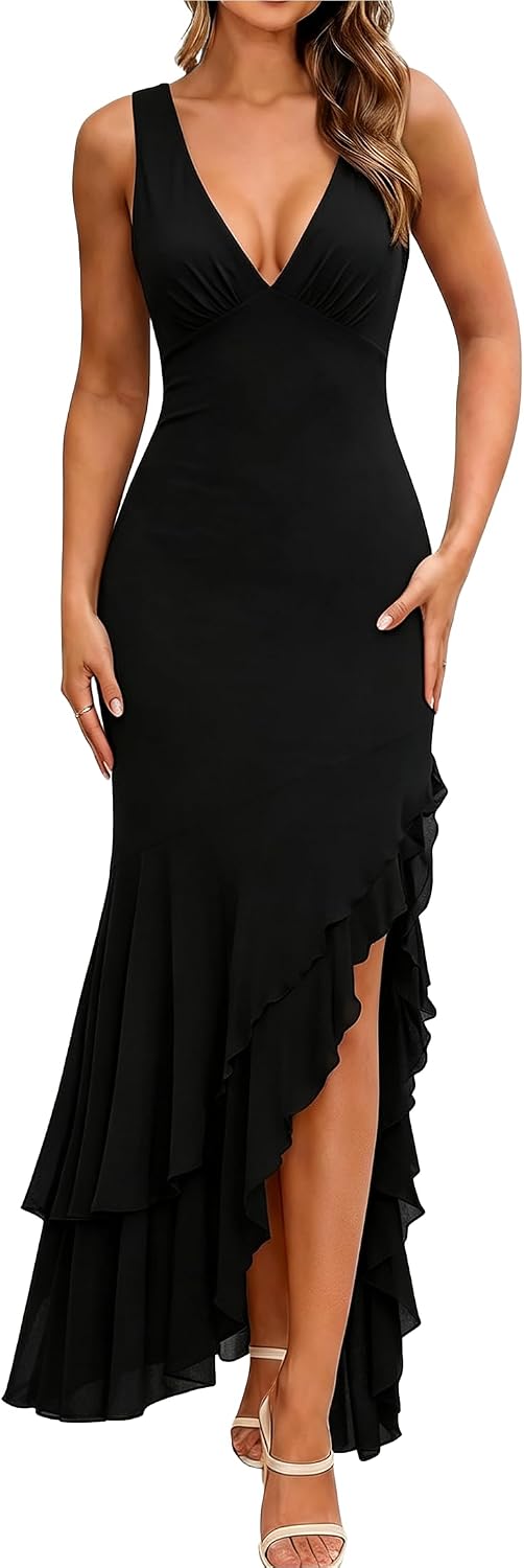 BORIFLORS Women's Elegant Mermaid Ruffle Cocktail Maxi Dress