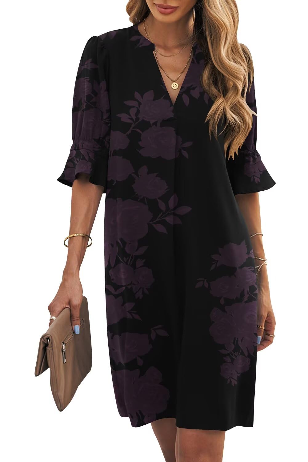Wkior Womens Summer Ruffle Short Sleeve V Neck Shift Dress