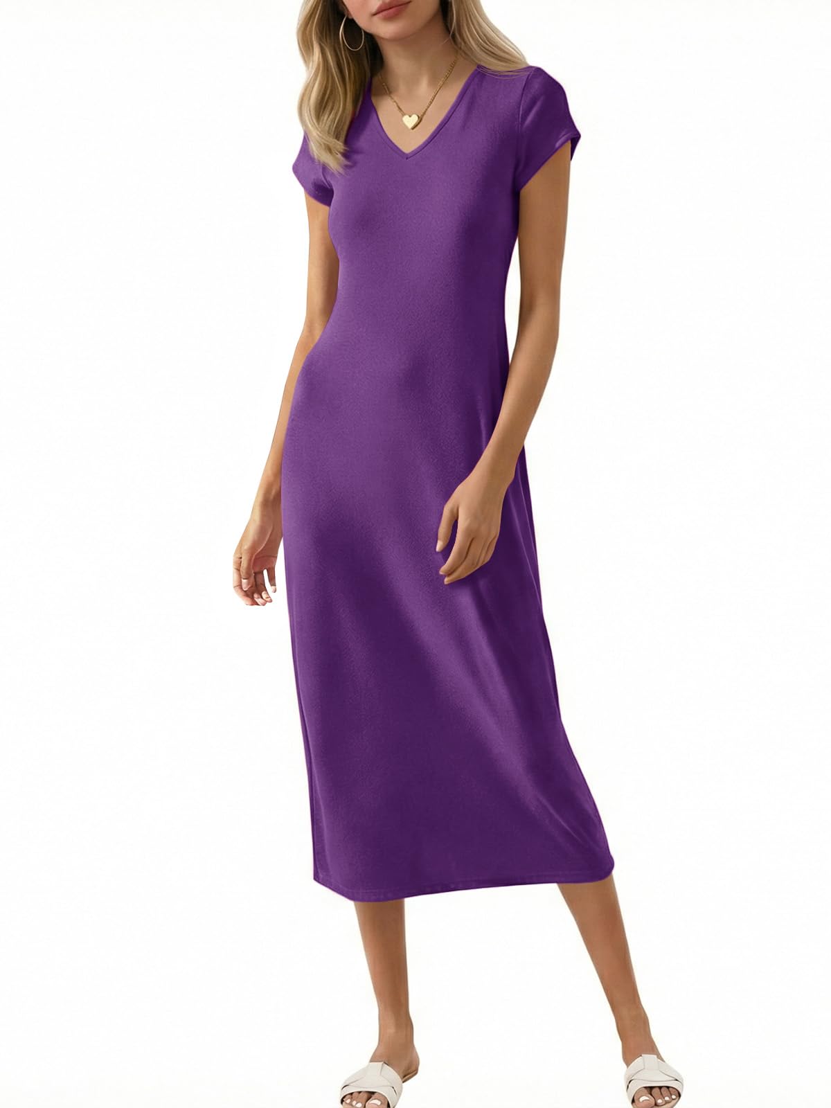 Wenrine Womens Short Sleeve T-Shirt Dress V Neck Summer Casual Midi Dresses