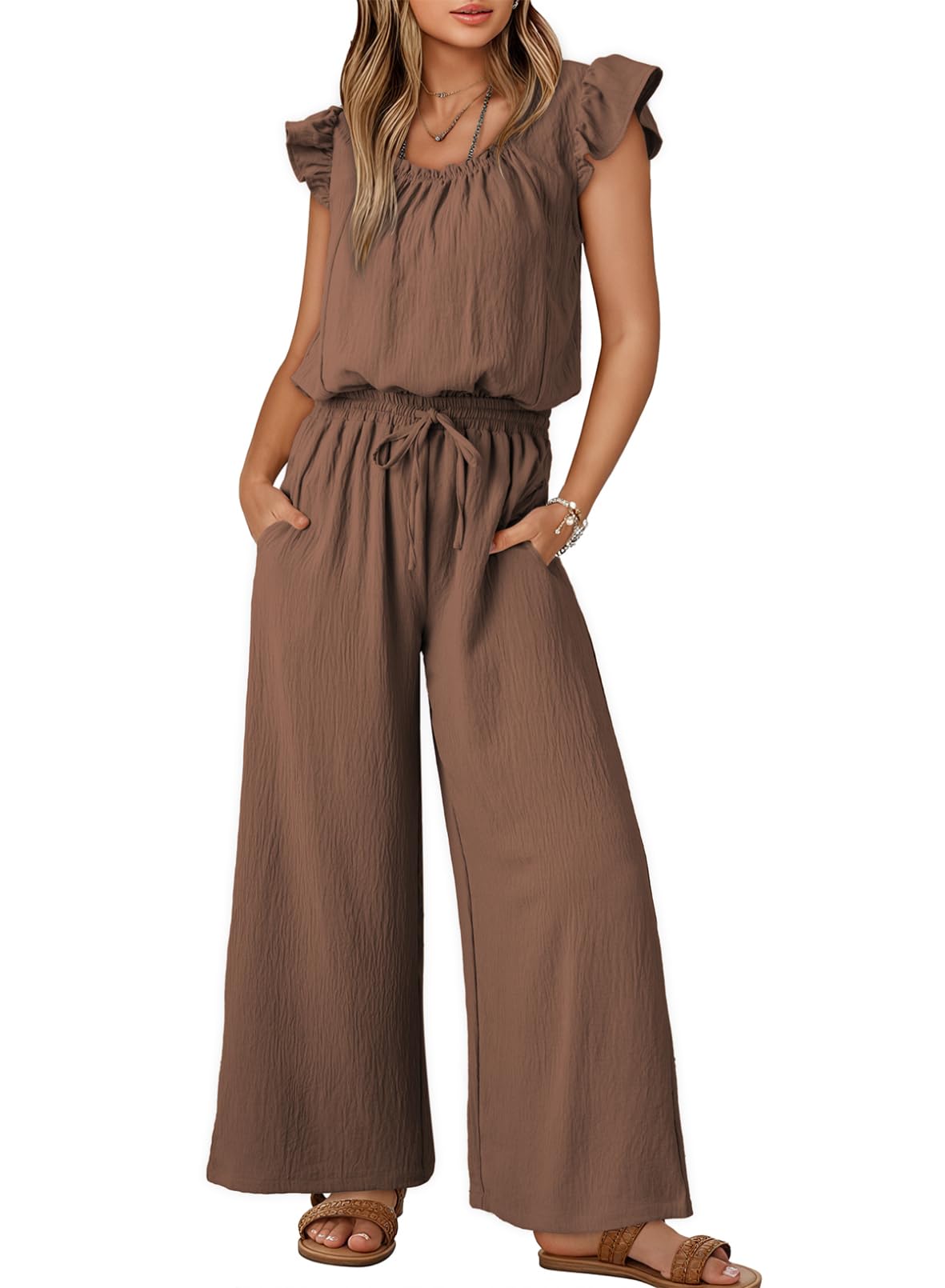 Dokotoo Jumpsuits for Women 2026 Summer Ruffle Sleeves Square Neck Rompers Drawstring Overalls with Pockets