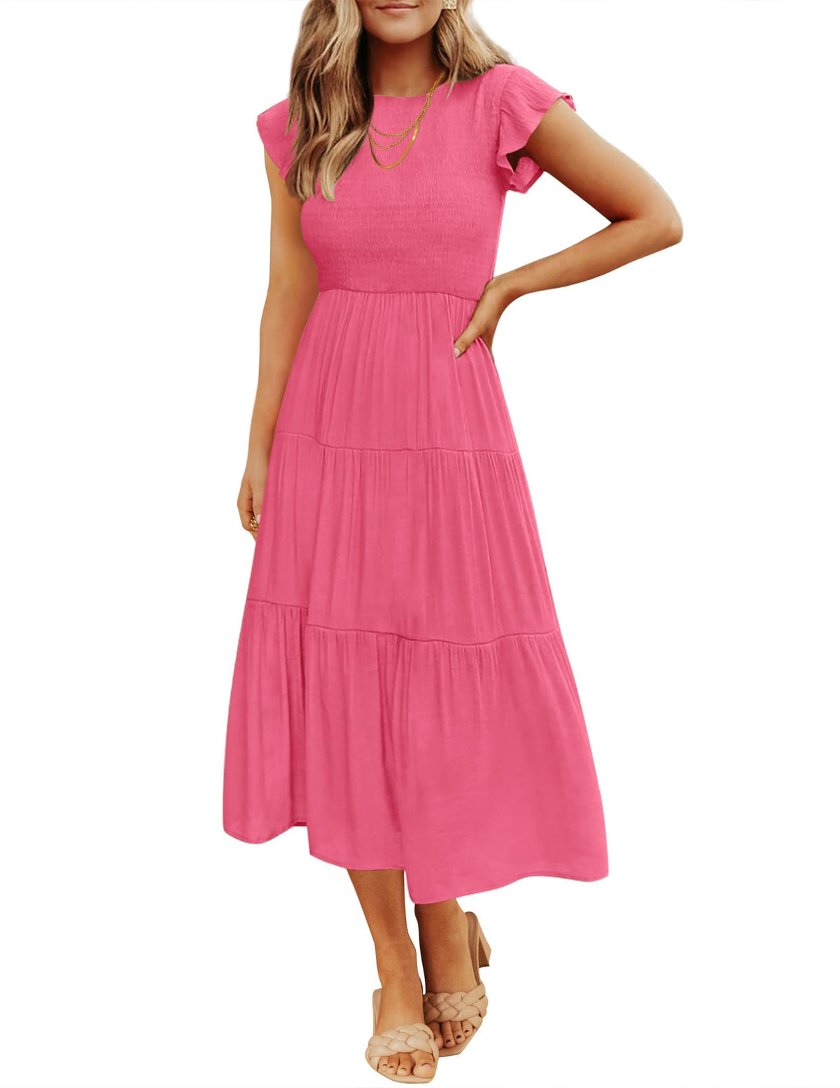 ZESICA Women's 2026 Summer Casual Flutter Short Sleeve Smocked Midi Dress