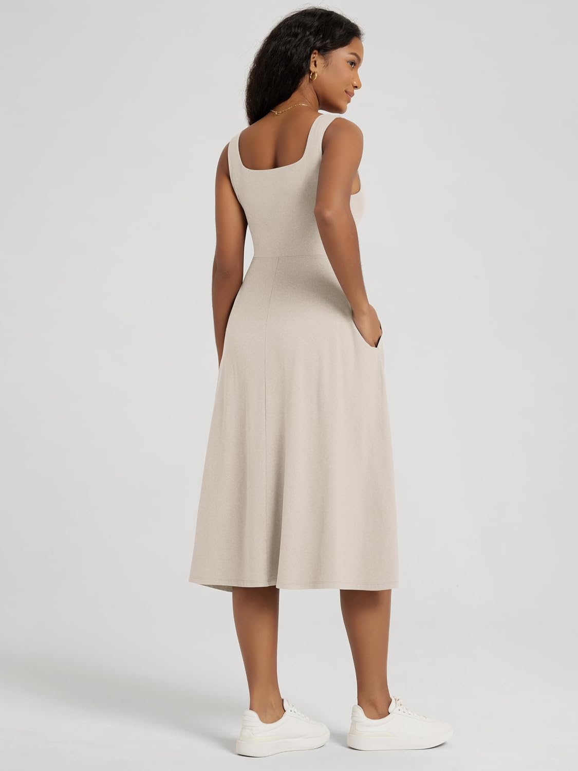 ODODOS Square Neck Midi Dress with Pockets for Women Summer Casual Sleeveless Sundress Flare Tank Dress