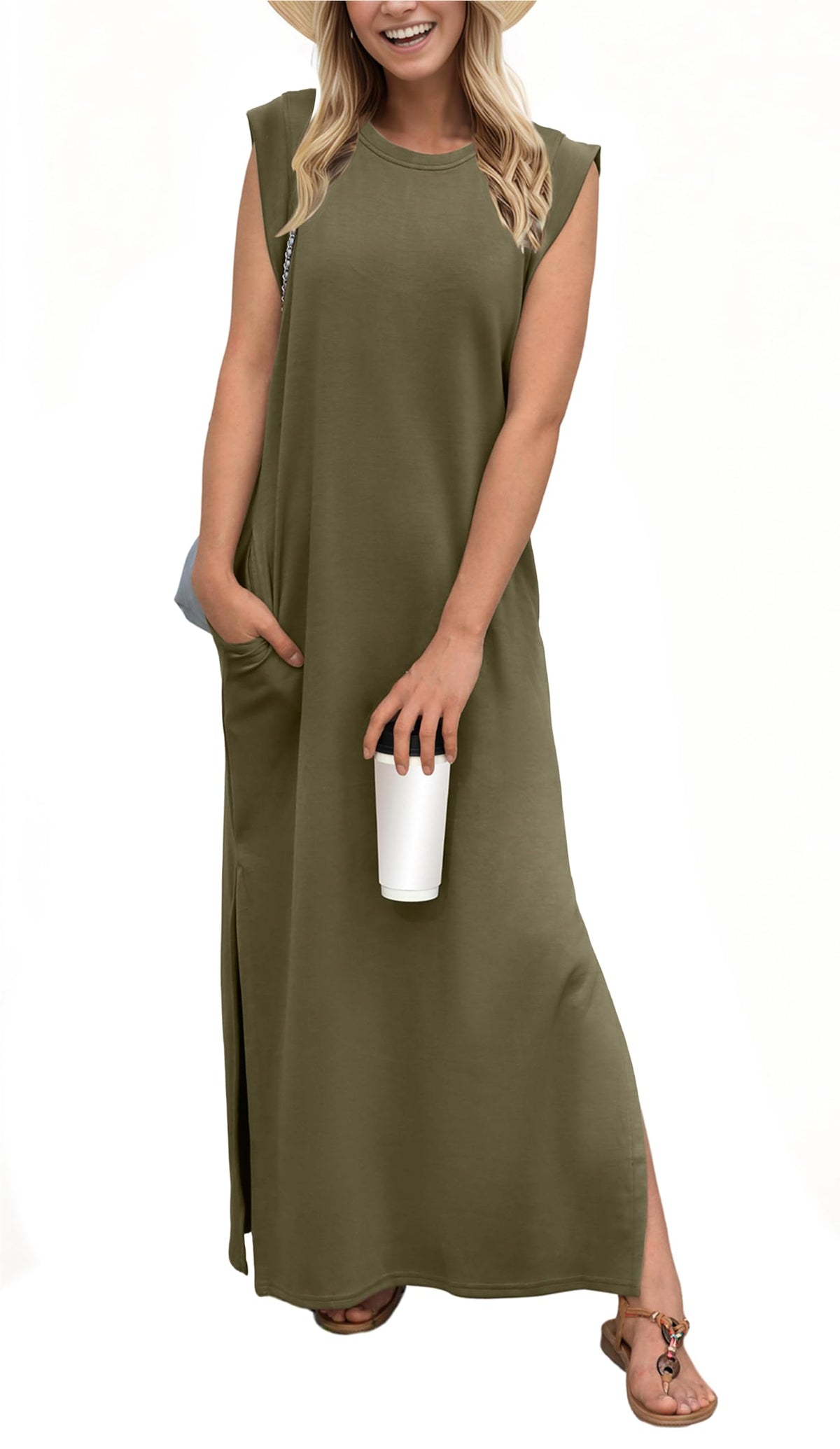 GRECERELLE 2026 Women Year-Round Casual Round Neck Loose Split Wrinkle-Free Long Maxi Vacation Dress with Pockets (XXS-4XL)