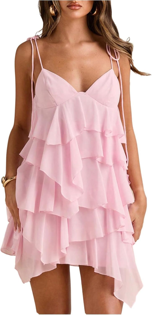 Floerns Women's Ruffle Mini Dress Tie Shoulder Sleeveless Cocktail Sundress