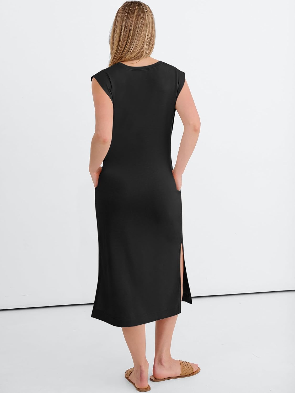 ANRABESS Womens Summer Casual Midi Dress Sleeveless Crewneck Loose Split Wrinkle-Free Beach Travel Vacation Long Sundress