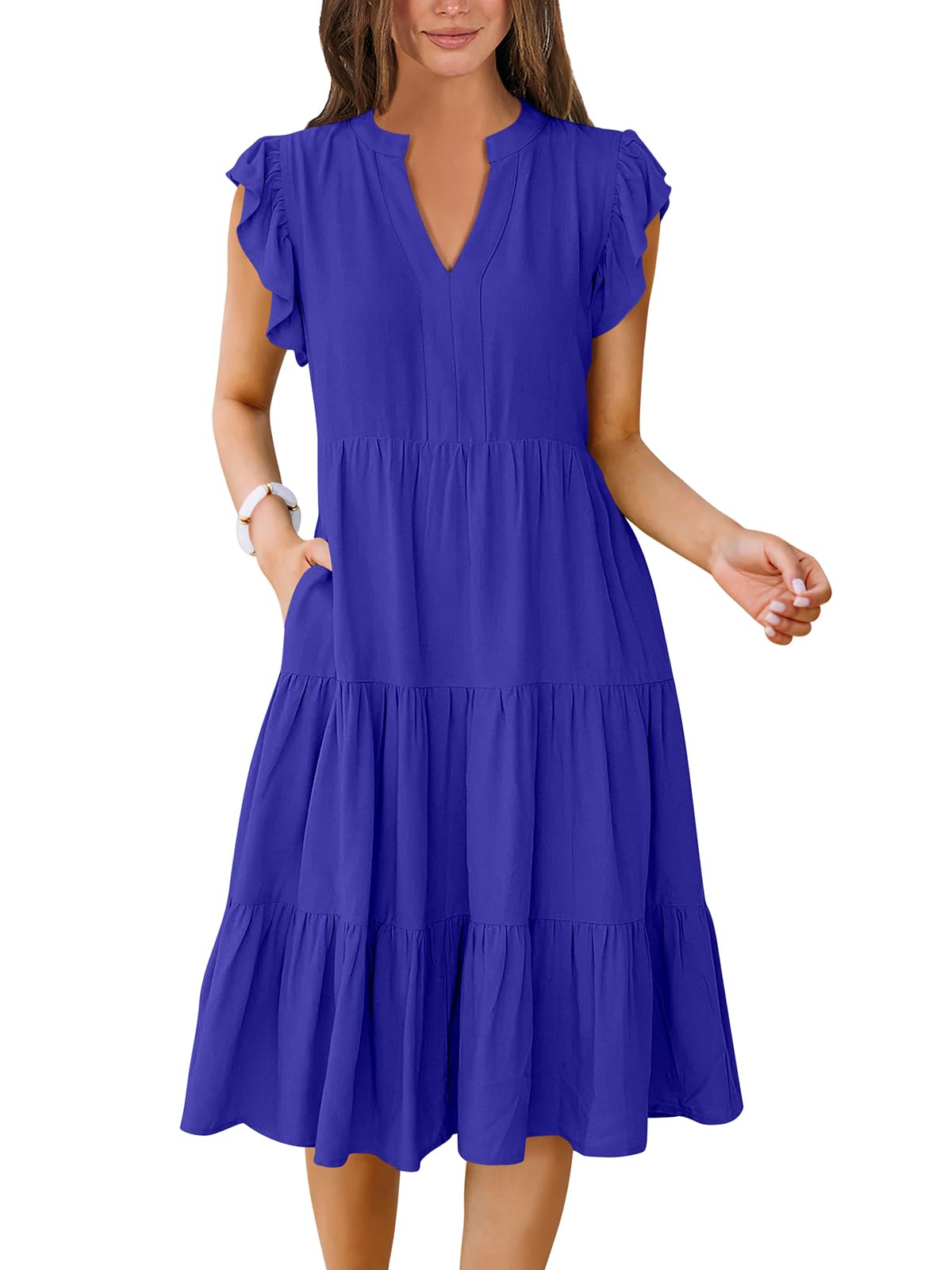 ANRABESS Womens Summer Dress Ruffle Sleeve V Neck Midi Dresses