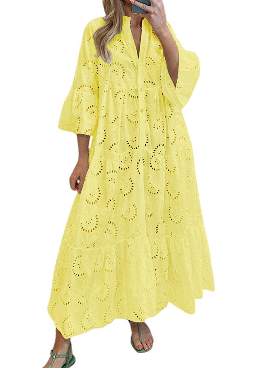 chouyatou Women's 2026 Lace Eyelet Embroidery Maxi Dress V-Neck Trumpet Sleeve Boho Flowy Swing Dress