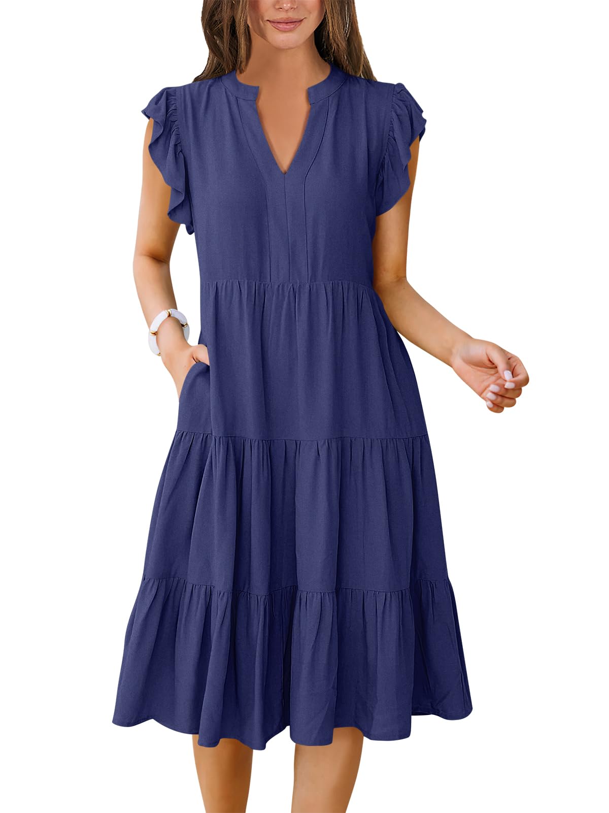 ANRABESS Womens Summer Dress Ruffle Sleeve V Neck Midi Dresses