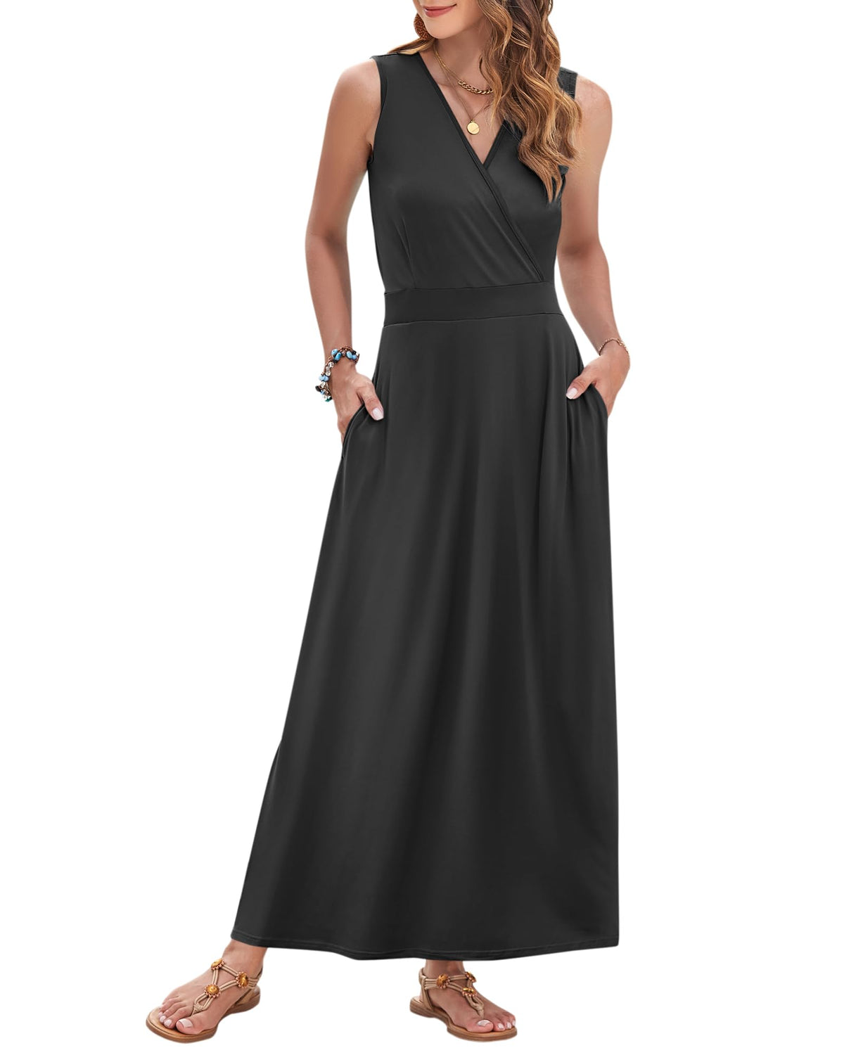 AUSELILY Womens Maxi Dress Summer Sleeveless Wrap Long Dresses with Pockets