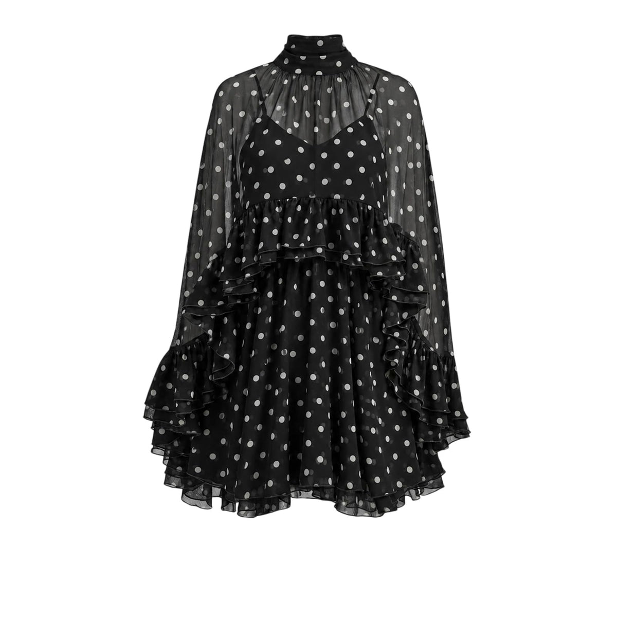Women’s Semi Sheer Chiffon Ruffle Dress with Outer Cape, Poncho Sleeve Flowy Mini Dress, Loose Fit Elegant Summer Dress