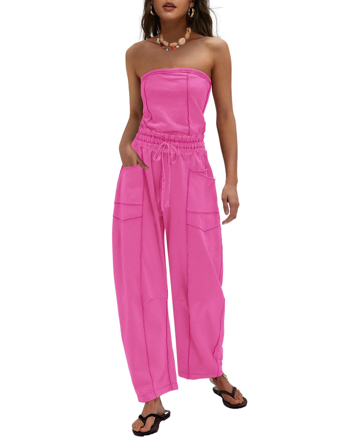 LAMISSCHE Womens Casual Strapless Jumpsuits off the Shoulder Summer Rompers Sleeveless One Piece Outfits with Pockets