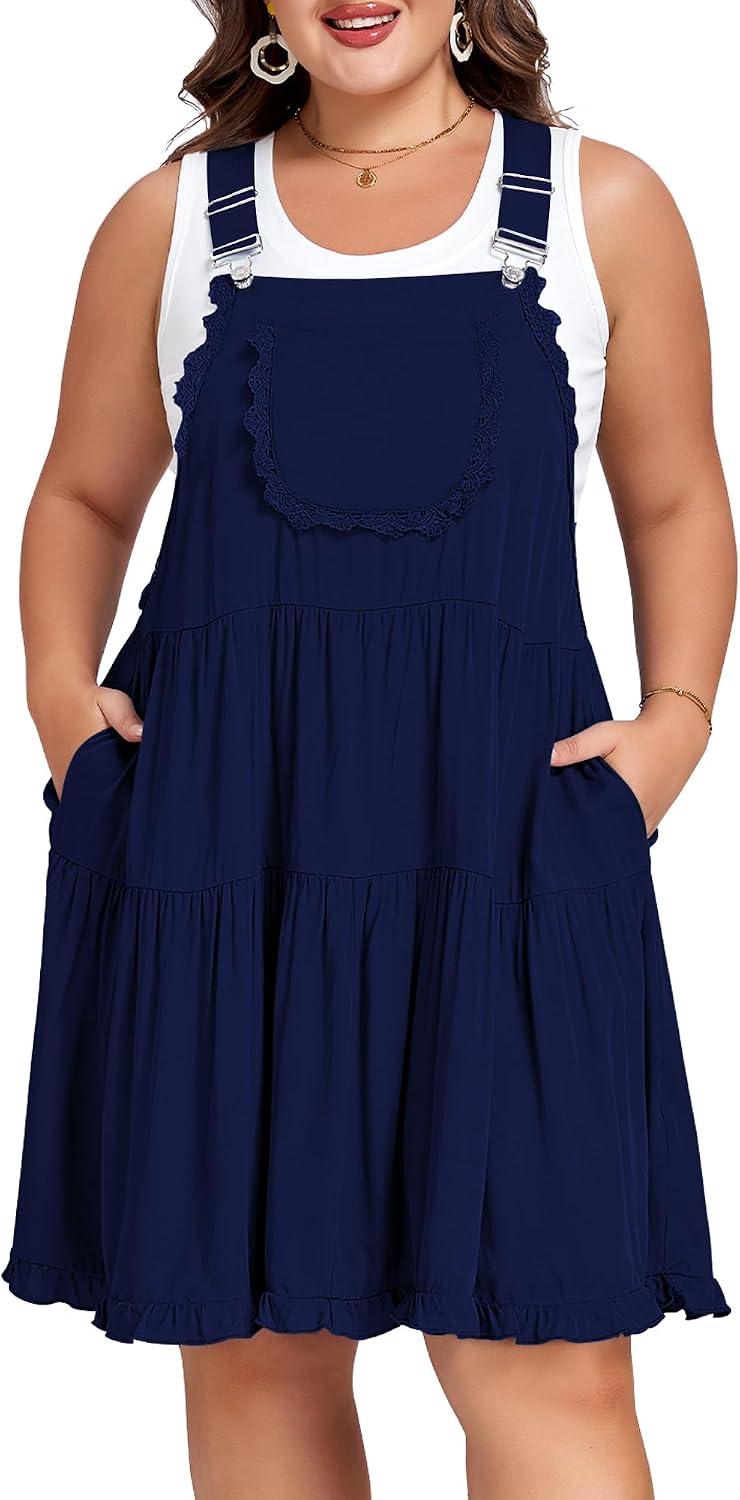 Moon Wood Plus Size Overall Dress for Women Adjustable Straps Lace Trim Jumper Dress with Pockets Tiered Mini Dress