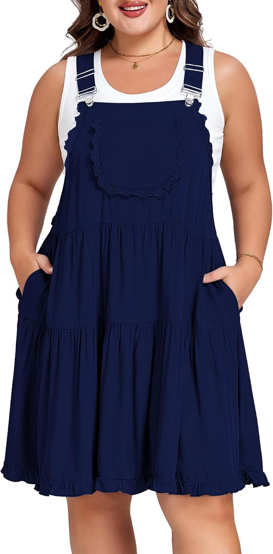 Moon Wood Plus Size Overall Dress for Women Adjustable Straps Lace Trim Jumper Dress with Pockets Tiered Mini Dress