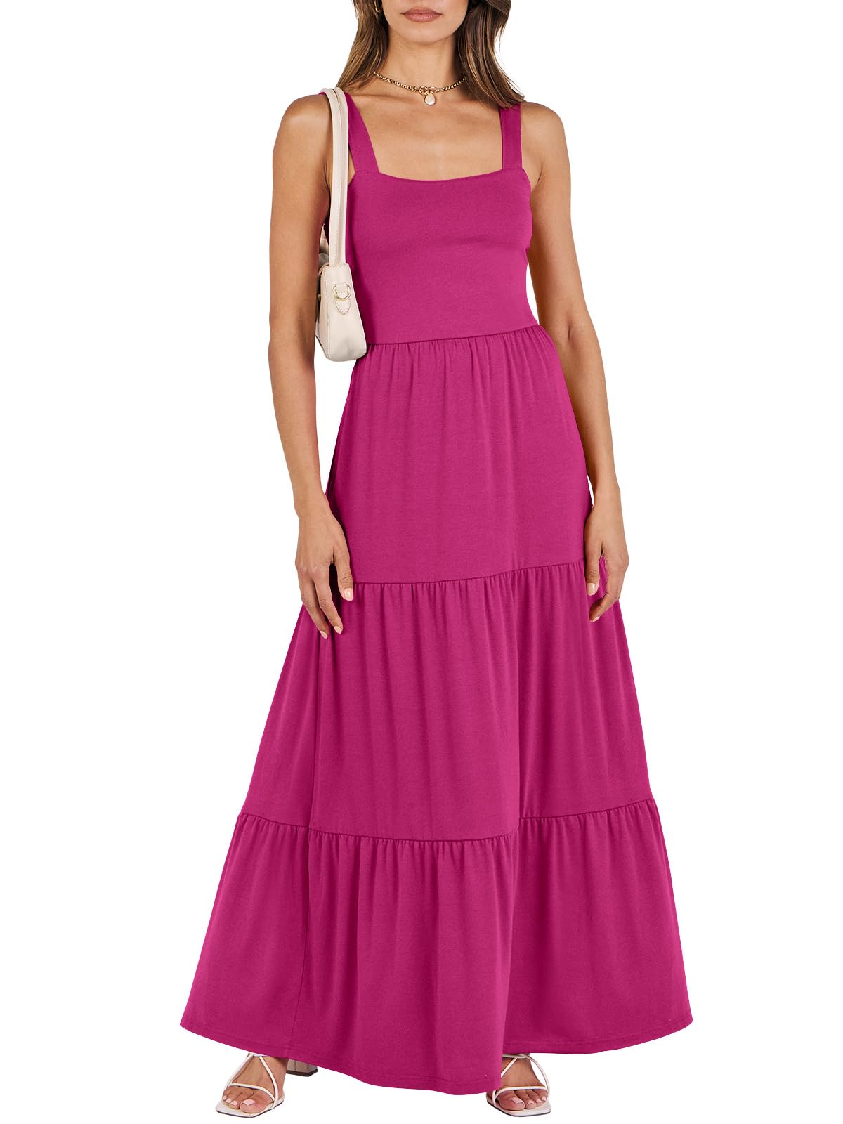 ANRABESS Women's Summer Flowy Maxi Dress Square Neck Sundress with Pockets