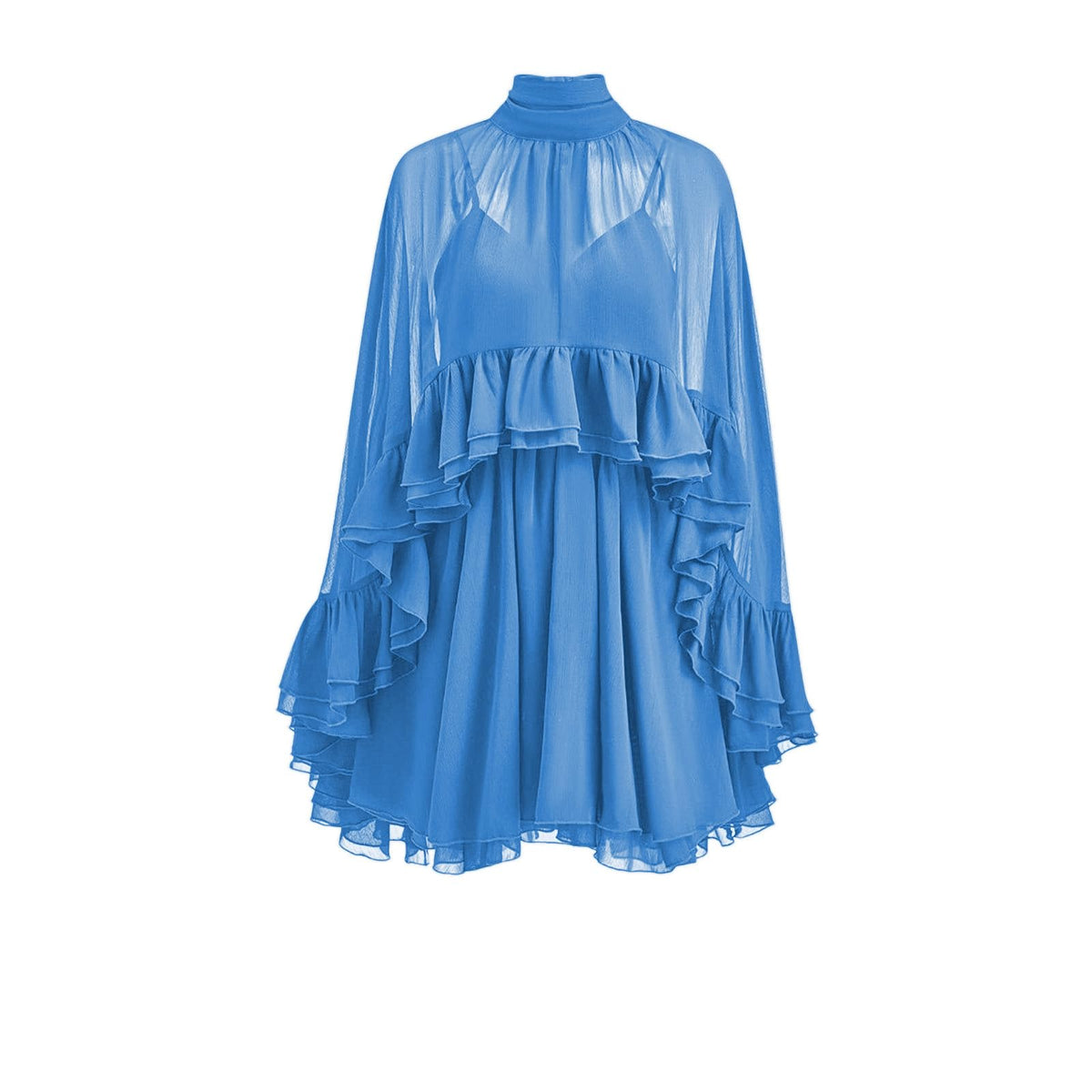 Women’s Semi Sheer Chiffon Ruffle Dress with Outer Cape, Poncho Sleeve Flowy Mini Dress, Loose Fit Elegant Summer Dress