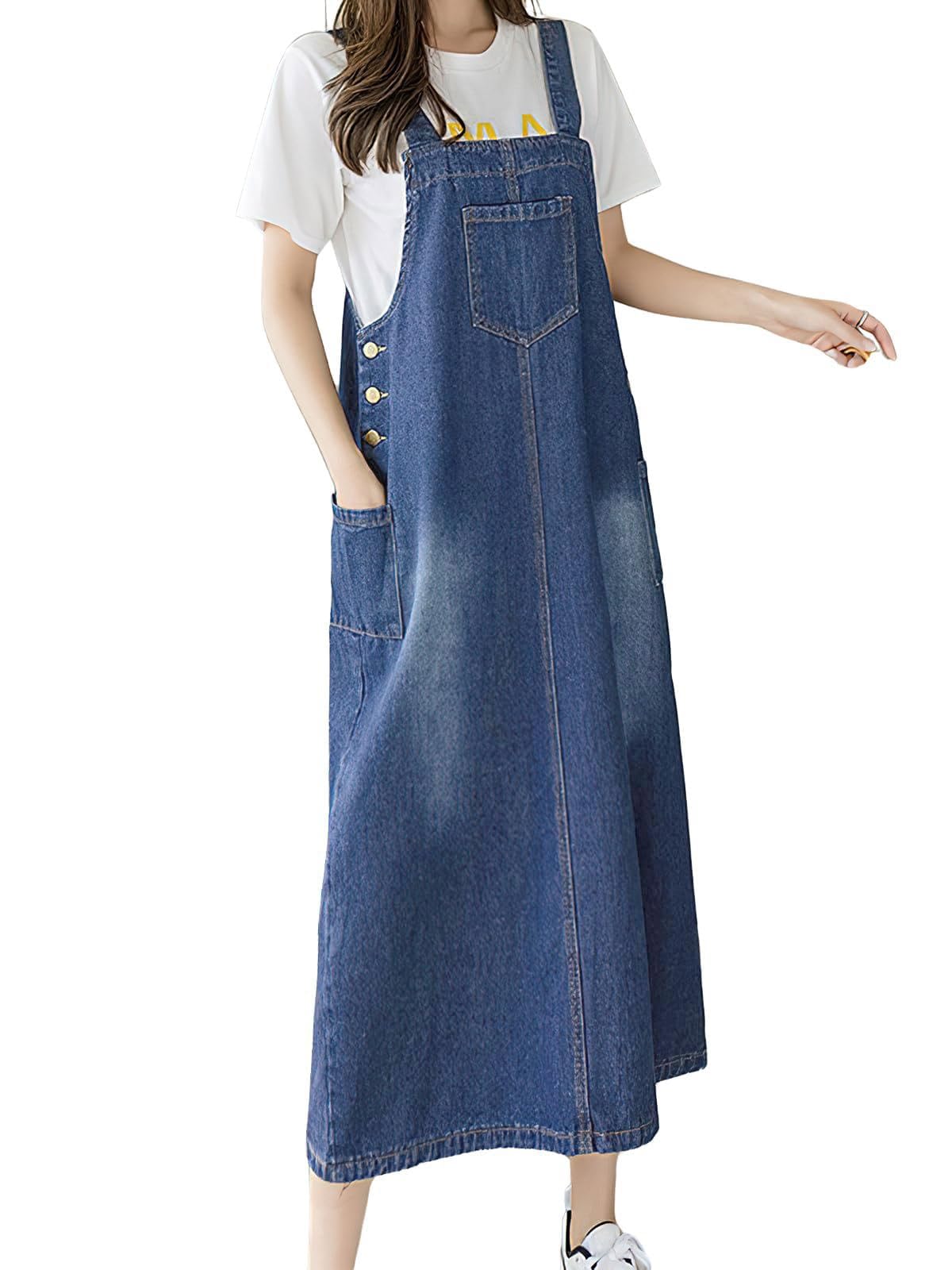 ebossy Women's Patchwork Denim Bib Overall Casual Button Jean Maxi Long Pinafore Dress With Pocket