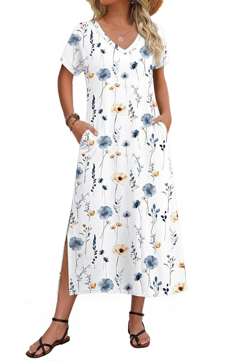 Zeagoo Women Summer Floral Dress Short Sleeve Beach Dress with Pockets Casual V-Neck Split Long T-Shirt Dress Travel Vacation