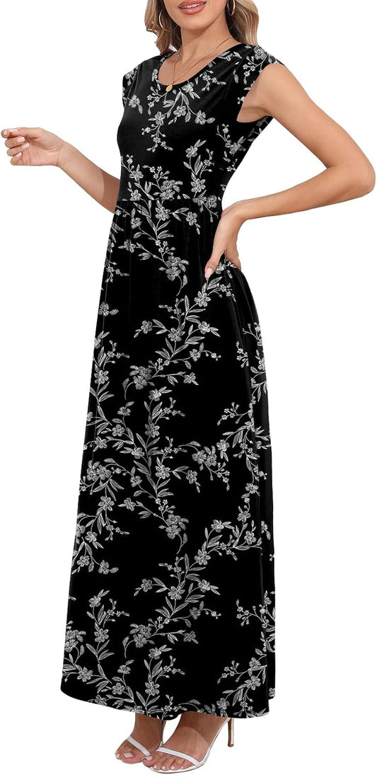 DB MOON Womens 2026 Maxi Dresses Empire Waist Long Summer Dress Casual Cap Short Sleeve Sundress with Pockets