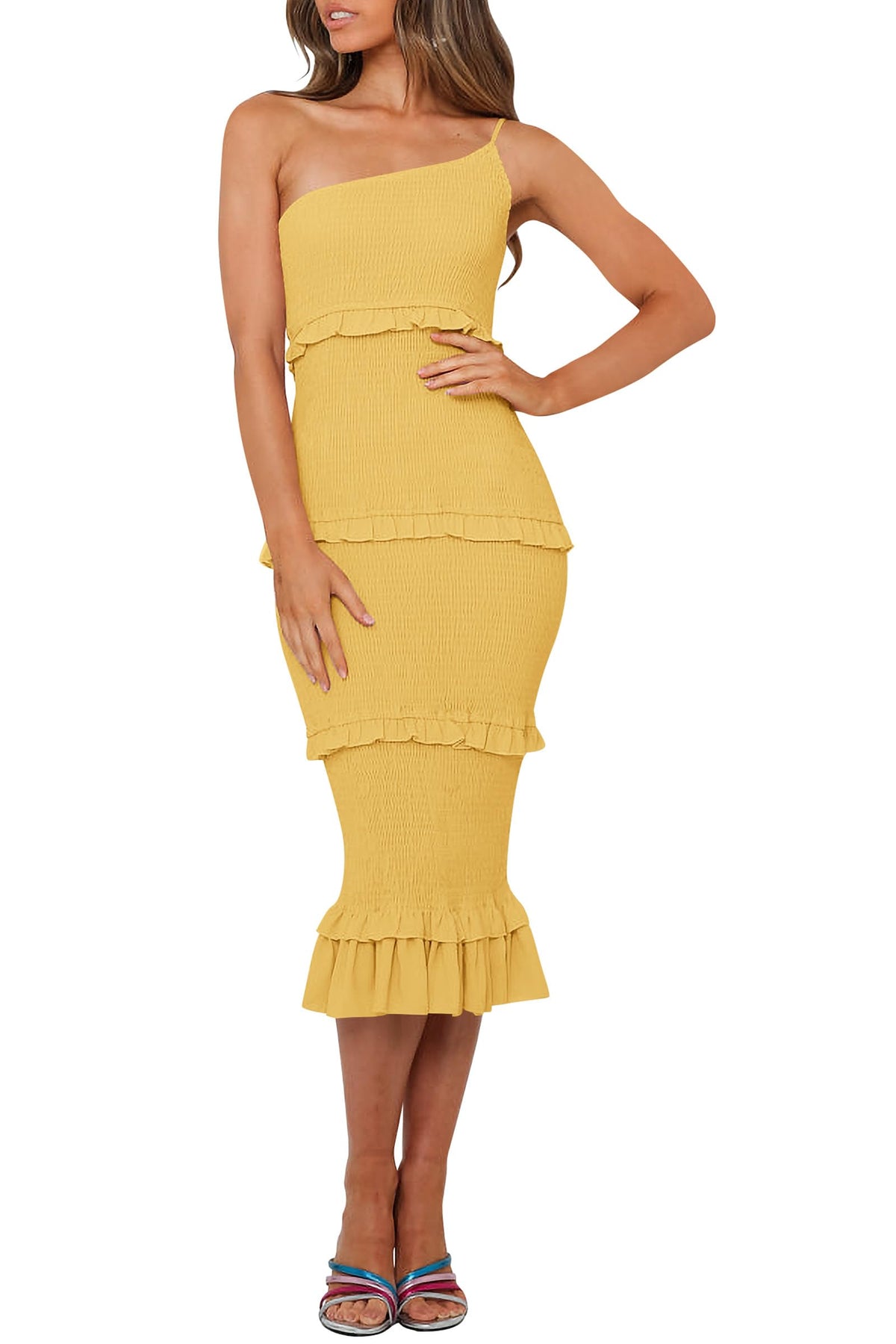 PRETTYGARDEN Women's Summer Midi Bodycon Dresses One Shoulder Strappy Tiered Ruffle Floral Boho Sun Dress