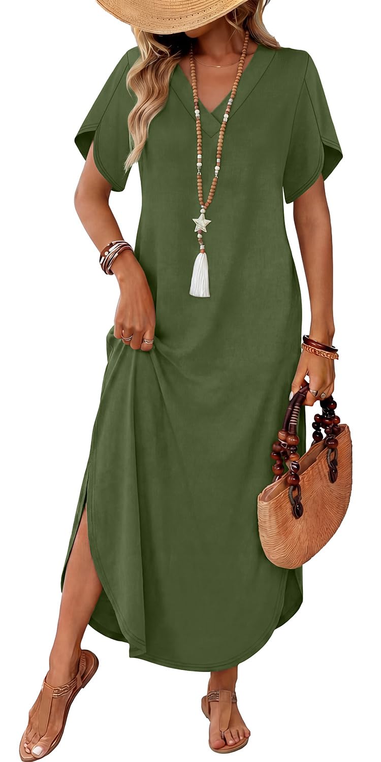 WIHOLL Summer Dresses for Women Short Sleeve Maxi Dresses V Neck Sundress with Side Slit Pockets Casual Beach Dress