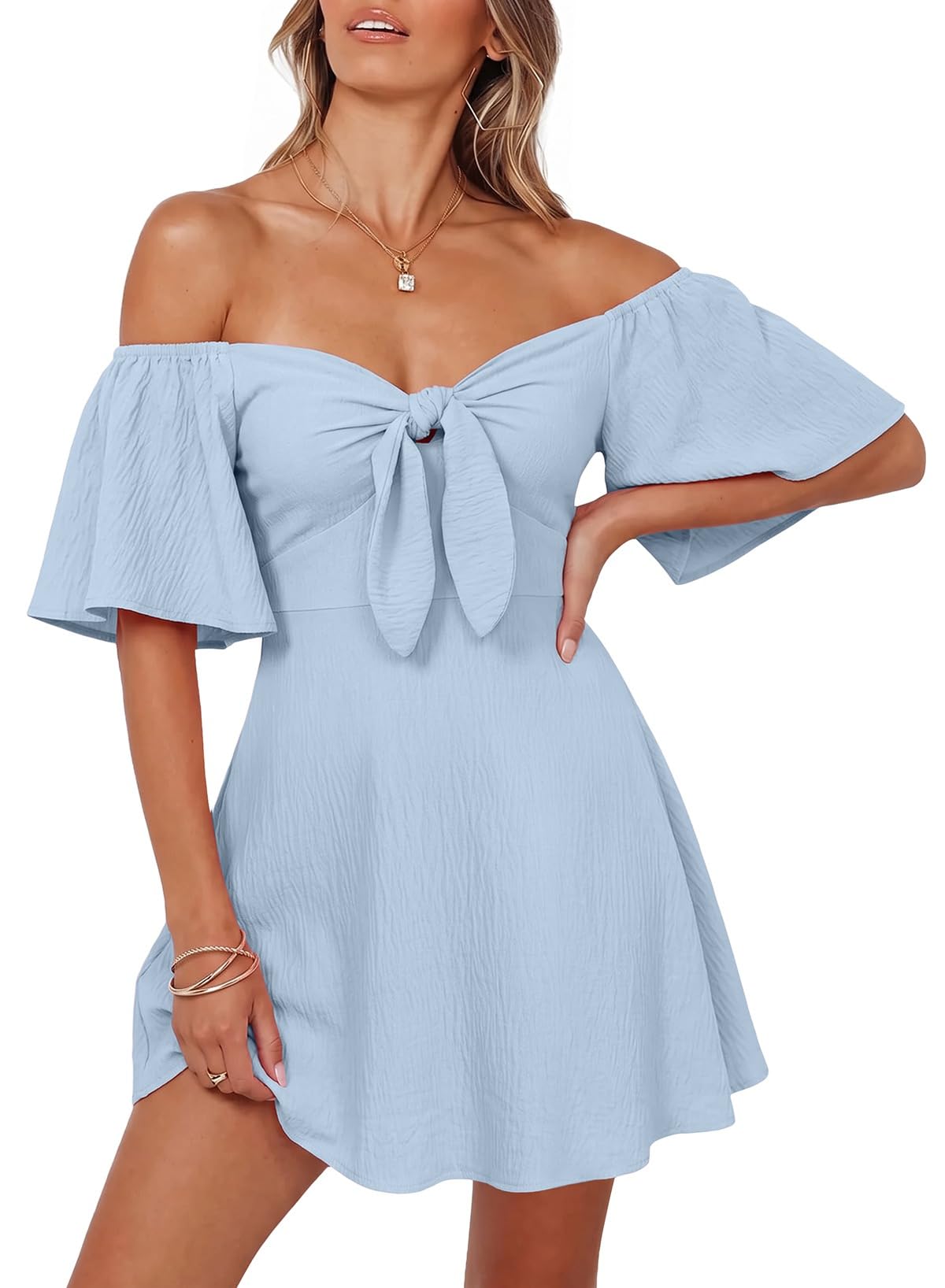 Dokotoo Womens Dresses 2026 Deep V Neck Elegant Bow tie Mini Dress S-XL