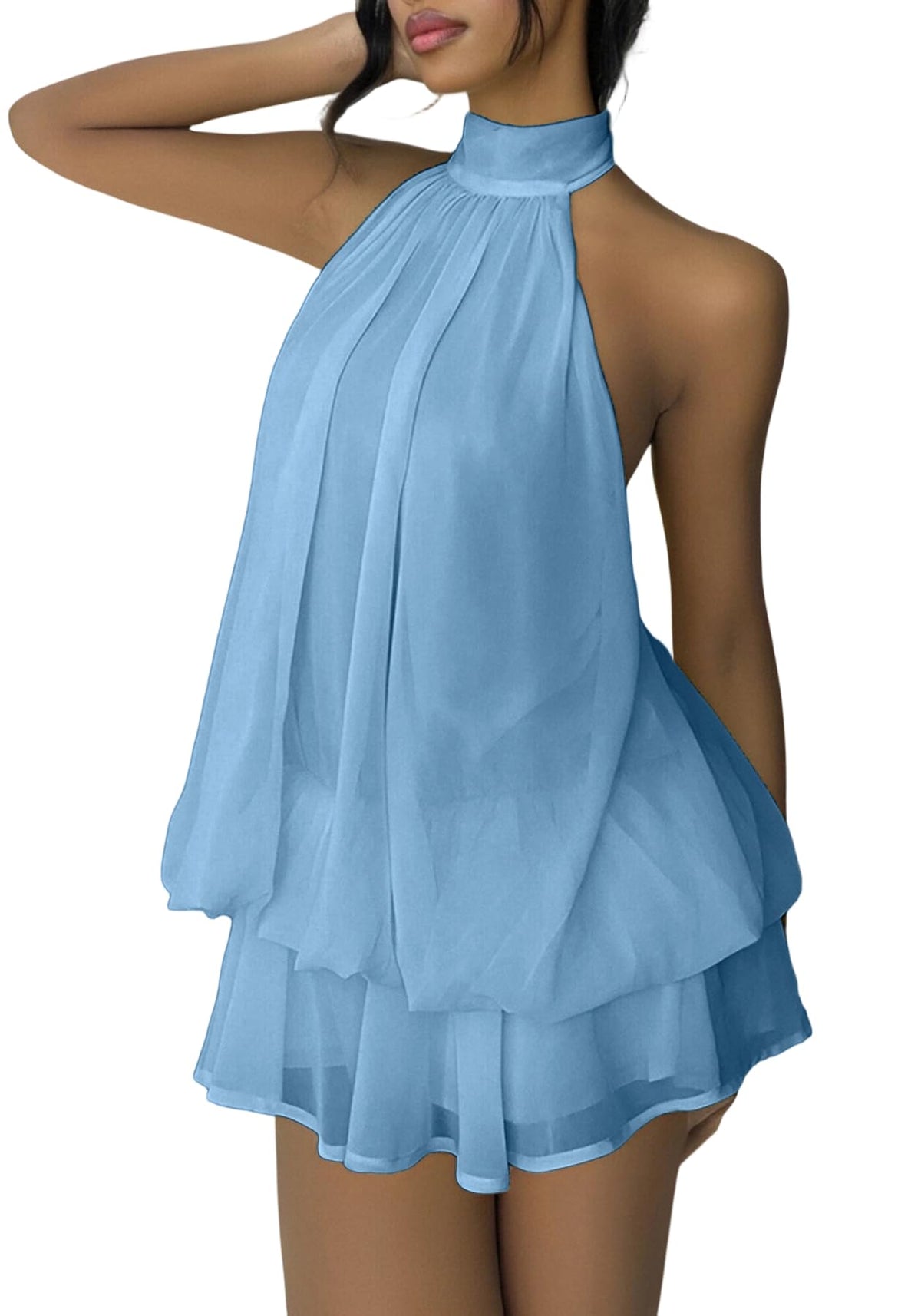 SHINFY Women's Chiffon Halter Flowy Ruffle Backless Birthday Mini Dress