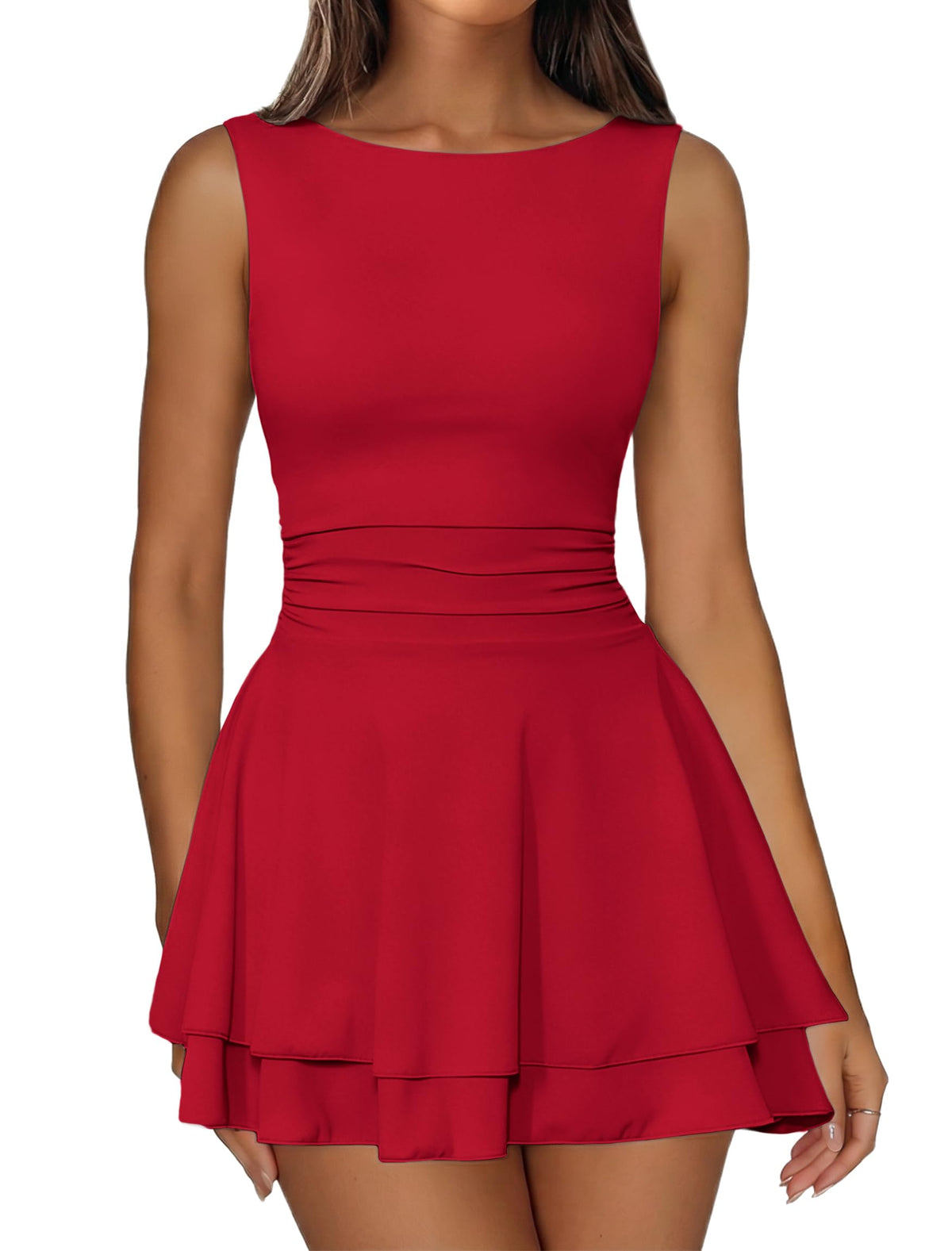 IWD Women's Boat Neck Sleeveless Mini Dress Tiered Ruffle Hem Party Dresses