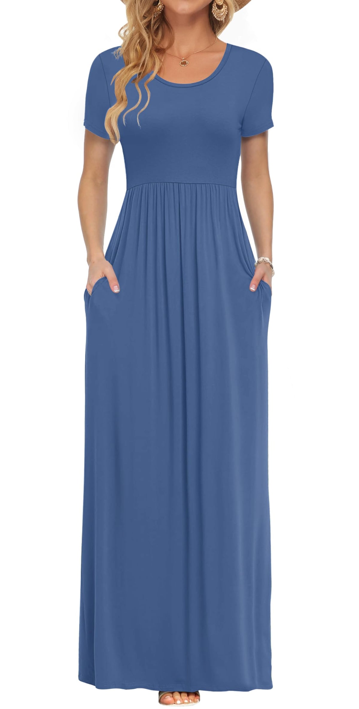 AUSELILY Women's Summer Short Sleeve Loose Plain Casual Long Maxi Dresses