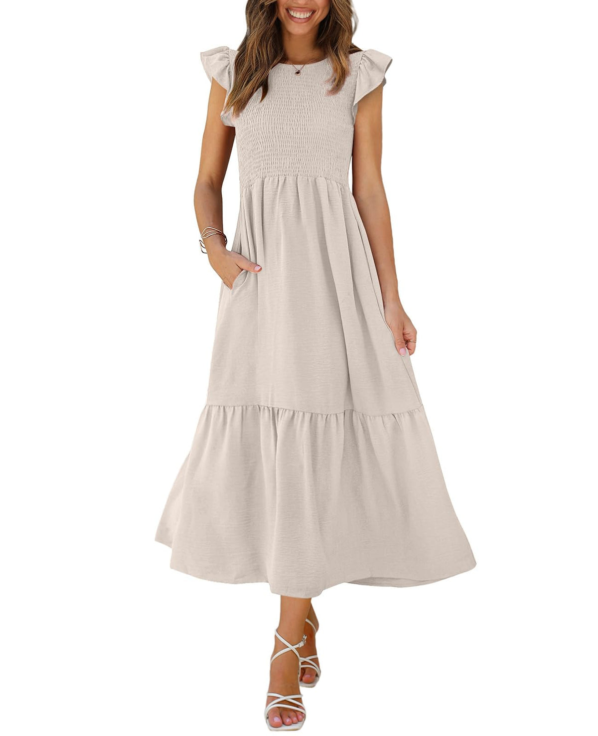 OFEEFAN Women's Casual Maxi Dresses with Pockets Ruffle Sleeve Smocked Dress XS-2XL