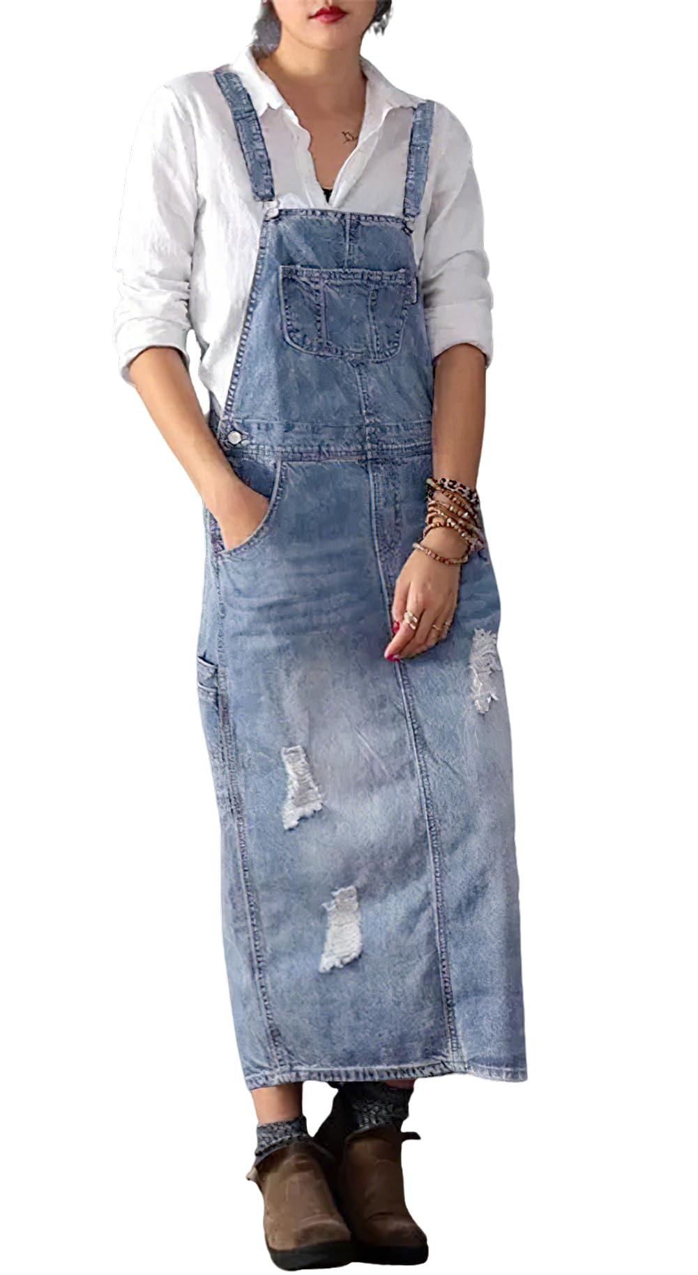 chouyatou Women's Adjustable Strap Distressed Denim Overall Dress A-Line Pinafore Jean Dress with Split