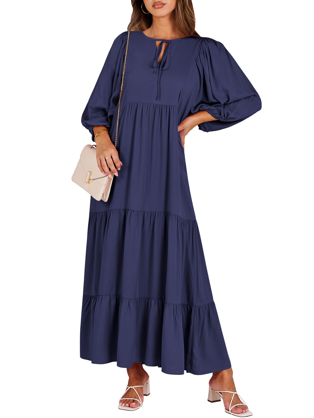 ANRABESS Womens Boho Floral 3/4 Puff Sleeve Maxi Dress