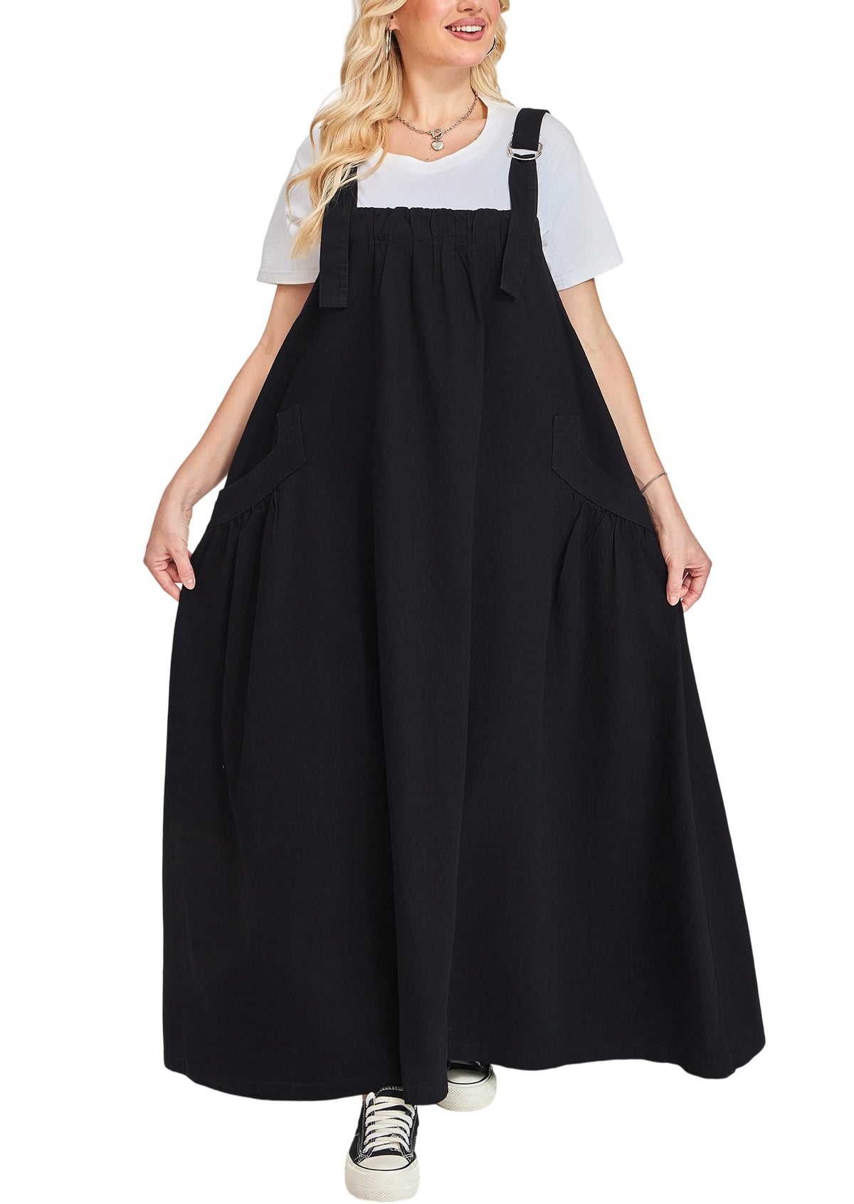 Denim Jumper Dress for Women Loose Version Baggy Style Maxi Length Adjustable Straps Wide Hemline