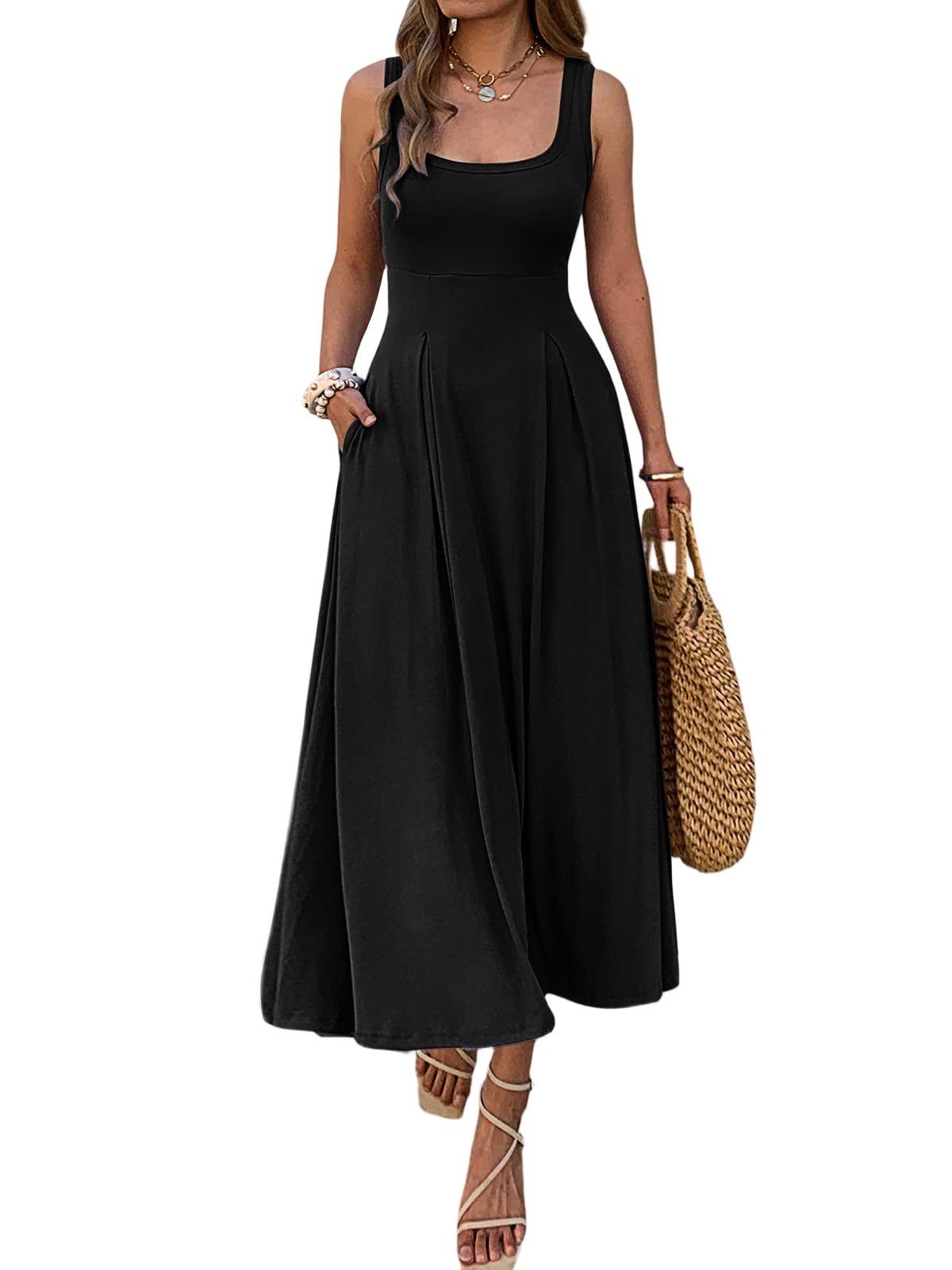 Mieazom Women's Summer Sleeveless Empire Maxi Dress Square Neck A-Line Pleated Flowy Elegant Casual Dresses with Pockets