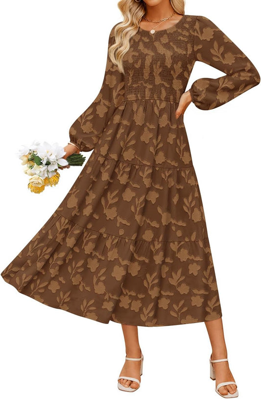 ZESICA Womens Fall Wedding Guest Long Sleeve Boho Midi Dress