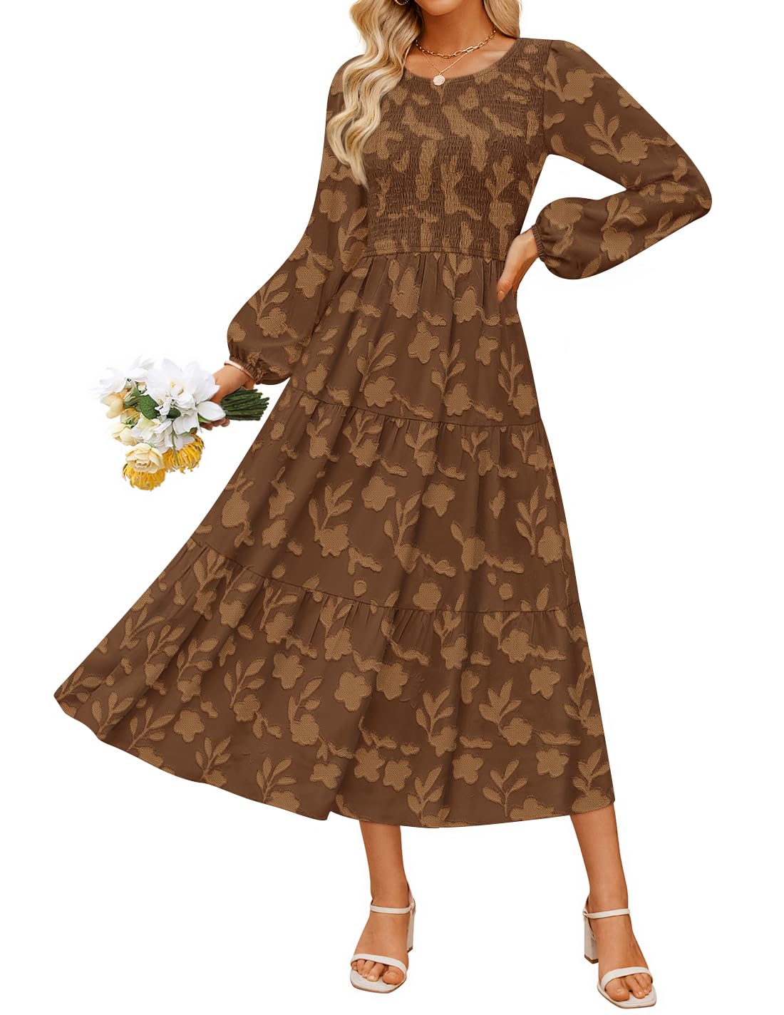 ZESICA Womens Fall Wedding Guest Long Sleeve Boho Midi Dress