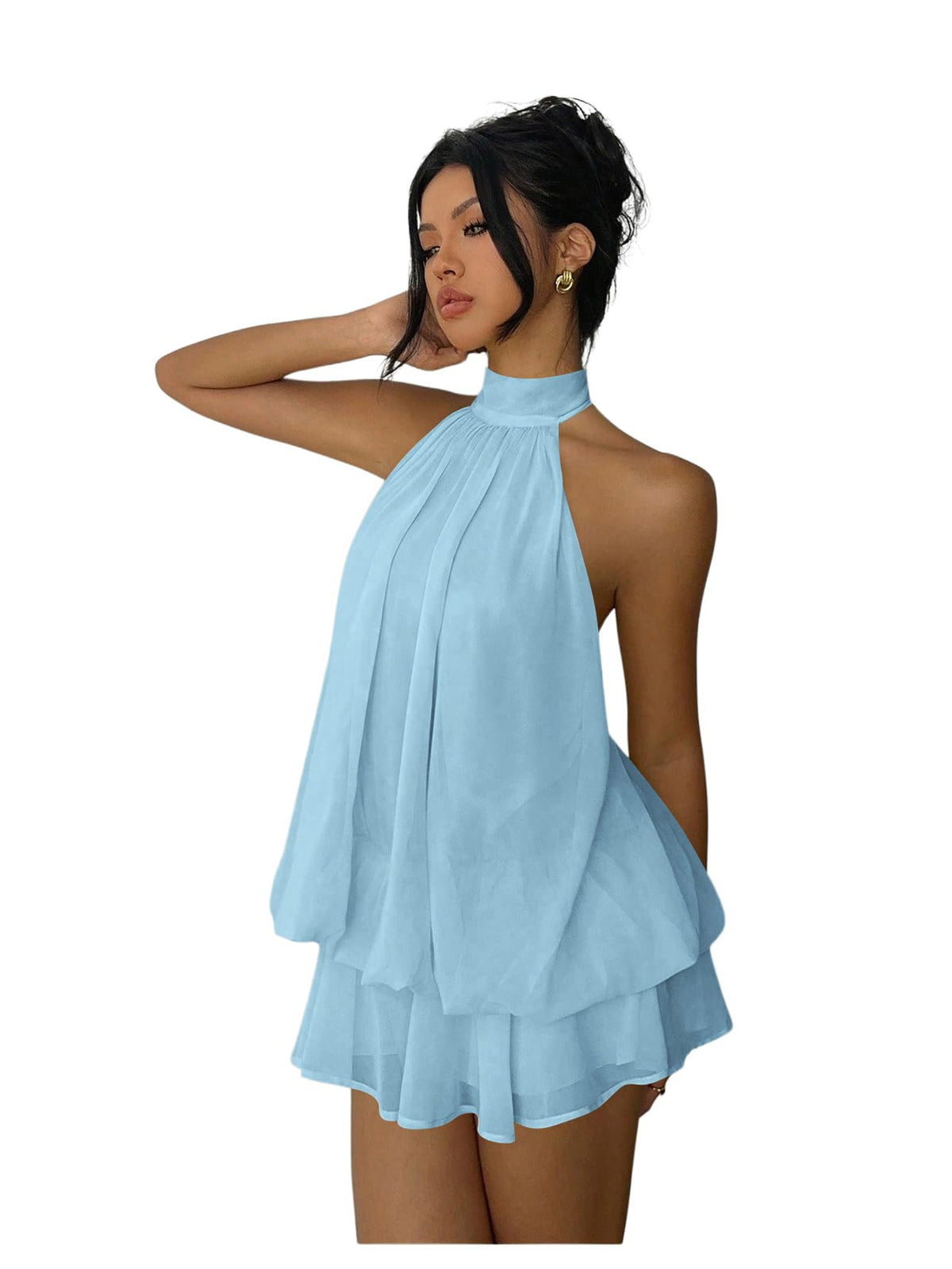 Verdusa Women's Chiffon Halter Drop Waist Flowy Wedding Guest Mini Dresses