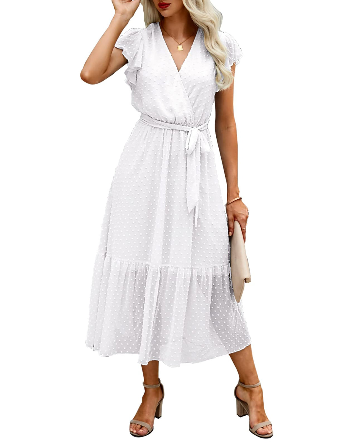 BTFBM Women Summer Casual Wrap V Neck Ruffle Cap Sleeve Belted Midi Dress